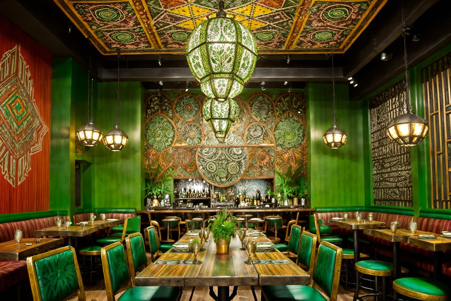 bohemian-style (restaurant interior) with restaurant chairs and restaurant dining tables and restaurant decor and restaurant bar and restaurant chairs. . with metals and mixed patterns and natural materials and bold patterns and lush green nature and carefree layers of pattern, texture, and color and playful patterns and playful colors. . cinematic photo, highly detailed, cinematic lighting, ultra-detailed, ultrarealistic, photorealism, 8k. bohemian interior design style. masterpiece, cinematic light, ultrarealistic+, photorealistic+, 8k, raw photo, realistic, sharp focus on eyes, (symmetrical eyes), (intact eyes), hyperrealistic, highest quality, best quality, , highly detailed, masterpiece, best quality, extremely detailed 8k wallpaper, masterpiece, best quality, ultra-detailed, best shadow, detailed background, detailed face, detailed eyes, high contrast, best illumination, detailed face, dulux, caustic, dynamic angle, detailed glow. dramatic lighting. highly detailed, insanely detailed hair, symmetrical, intricate details, professionally retouched, 8k high definition. strong bokeh. award winning photo.