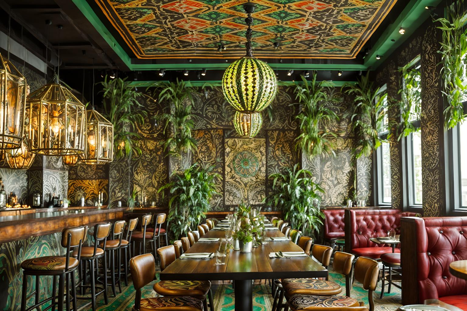 bohemian-style (restaurant interior) with restaurant chairs and restaurant dining tables and restaurant decor and restaurant bar and restaurant chairs. . with metals and mixed patterns and natural materials and bold patterns and lush green nature and carefree layers of pattern, texture, and color and playful patterns and playful colors. . cinematic photo, highly detailed, cinematic lighting, ultra-detailed, ultrarealistic, photorealism, 8k. bohemian interior design style. masterpiece, cinematic light, ultrarealistic+, photorealistic+, 8k, raw photo, realistic, sharp focus on eyes, (symmetrical eyes), (intact eyes), hyperrealistic, highest quality, best quality, , highly detailed, masterpiece, best quality, extremely detailed 8k wallpaper, masterpiece, best quality, ultra-detailed, best shadow, detailed background, detailed face, detailed eyes, high contrast, best illumination, detailed face, dulux, caustic, dynamic angle, detailed glow. dramatic lighting. highly detailed, insanely detailed hair, symmetrical, intricate details, professionally retouched, 8k high definition. strong bokeh. award winning photo.