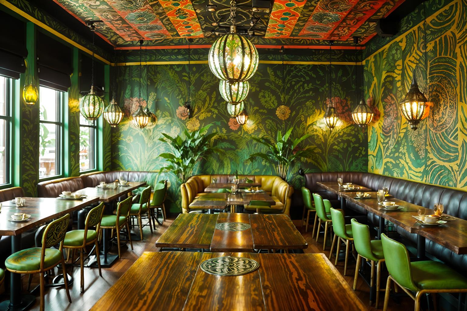 bohemian-style (restaurant interior) with restaurant chairs and restaurant dining tables and restaurant decor and restaurant bar and restaurant chairs. . with metals and mixed patterns and natural materials and bold patterns and lush green nature and carefree layers of pattern, texture, and color and playful patterns and playful colors. . cinematic photo, highly detailed, cinematic lighting, ultra-detailed, ultrarealistic, photorealism, 8k. bohemian interior design style. masterpiece, cinematic light, ultrarealistic+, photorealistic+, 8k, raw photo, realistic, sharp focus on eyes, (symmetrical eyes), (intact eyes), hyperrealistic, highest quality, best quality, , highly detailed, masterpiece, best quality, extremely detailed 8k wallpaper, masterpiece, best quality, ultra-detailed, best shadow, detailed background, detailed face, detailed eyes, high contrast, best illumination, detailed face, dulux, caustic, dynamic angle, detailed glow. dramatic lighting. highly detailed, insanely detailed hair, symmetrical, intricate details, professionally retouched, 8k high definition. strong bokeh. award winning photo.