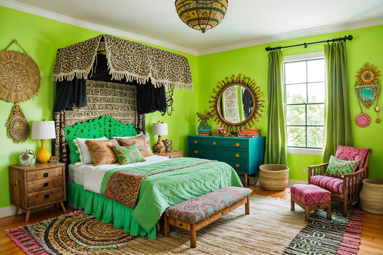 bohemian-style (kids room interior) with mirror and kids desk and storage bench or ottoman and dresser closet and headboard and bedside table or night stand and bed and night light. . with playful textures and natural materials and carefree layers of pattern, texture, and color and bold patterns and mixed patterns and playful colors and lush green nature and travel trinkets. . cinematic photo, highly detailed, cinematic lighting, ultra-detailed, ultrarealistic, photorealism, 8k. bohemian interior design style. masterpiece, cinematic light, ultrarealistic+, photorealistic+, 8k, raw photo, realistic, sharp focus on eyes, (symmetrical eyes), (intact eyes), hyperrealistic, highest quality, best quality, , highly detailed, masterpiece, best quality, extremely detailed 8k wallpaper, masterpiece, best quality, ultra-detailed, best shadow, detailed background, detailed face, detailed eyes, high contrast, best illumination, detailed face, dulux, caustic, dynamic angle, detailed glow. dramatic lighting. highly detailed, insanely detailed hair, symmetrical, intricate details, professionally retouched, 8k high definition. strong bokeh. award winning photo.