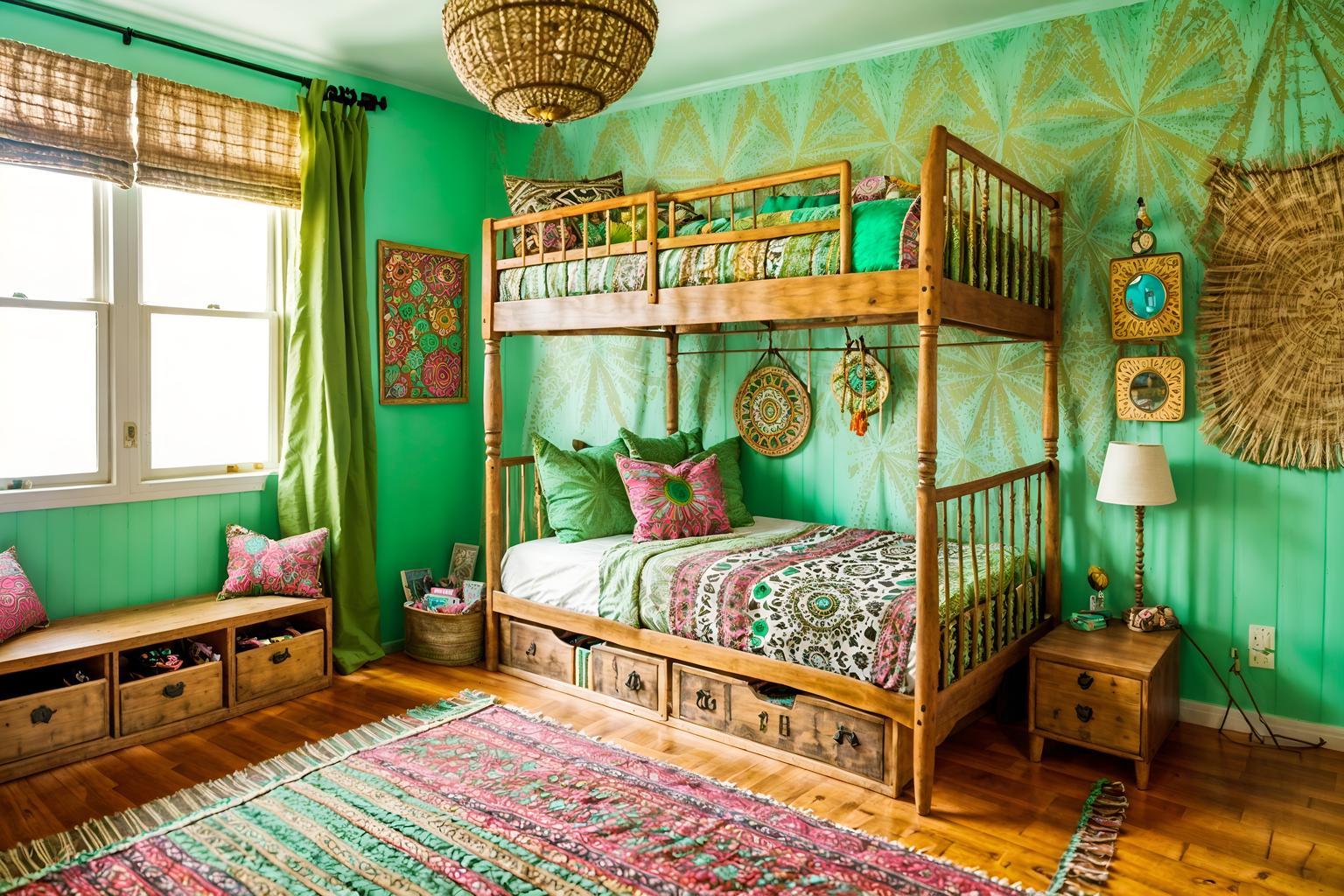bohemian-style (kids room interior) with mirror and kids desk and storage bench or ottoman and dresser closet and headboard and bedside table or night stand and bed and night light. . with playful textures and natural materials and carefree layers of pattern, texture, and color and bold patterns and mixed patterns and playful colors and lush green nature and travel trinkets. . cinematic photo, highly detailed, cinematic lighting, ultra-detailed, ultrarealistic, photorealism, 8k. bohemian interior design style. masterpiece, cinematic light, ultrarealistic+, photorealistic+, 8k, raw photo, realistic, sharp focus on eyes, (symmetrical eyes), (intact eyes), hyperrealistic, highest quality, best quality, , highly detailed, masterpiece, best quality, extremely detailed 8k wallpaper, masterpiece, best quality, ultra-detailed, best shadow, detailed background, detailed face, detailed eyes, high contrast, best illumination, detailed face, dulux, caustic, dynamic angle, detailed glow. dramatic lighting. highly detailed, insanely detailed hair, symmetrical, intricate details, professionally retouched, 8k high definition. strong bokeh. award winning photo.