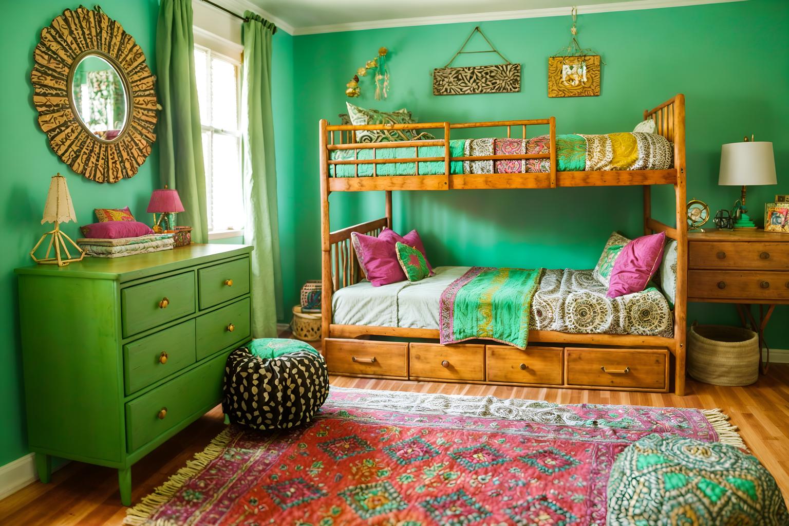 bohemian-style (kids room interior) with mirror and kids desk and storage bench or ottoman and dresser closet and headboard and bedside table or night stand and bed and night light. . with playful textures and natural materials and carefree layers of pattern, texture, and color and bold patterns and mixed patterns and playful colors and lush green nature and travel trinkets. . cinematic photo, highly detailed, cinematic lighting, ultra-detailed, ultrarealistic, photorealism, 8k. bohemian interior design style. masterpiece, cinematic light, ultrarealistic+, photorealistic+, 8k, raw photo, realistic, sharp focus on eyes, (symmetrical eyes), (intact eyes), hyperrealistic, highest quality, best quality, , highly detailed, masterpiece, best quality, extremely detailed 8k wallpaper, masterpiece, best quality, ultra-detailed, best shadow, detailed background, detailed face, detailed eyes, high contrast, best illumination, detailed face, dulux, caustic, dynamic angle, detailed glow. dramatic lighting. highly detailed, insanely detailed hair, symmetrical, intricate details, professionally retouched, 8k high definition. strong bokeh. award winning photo.