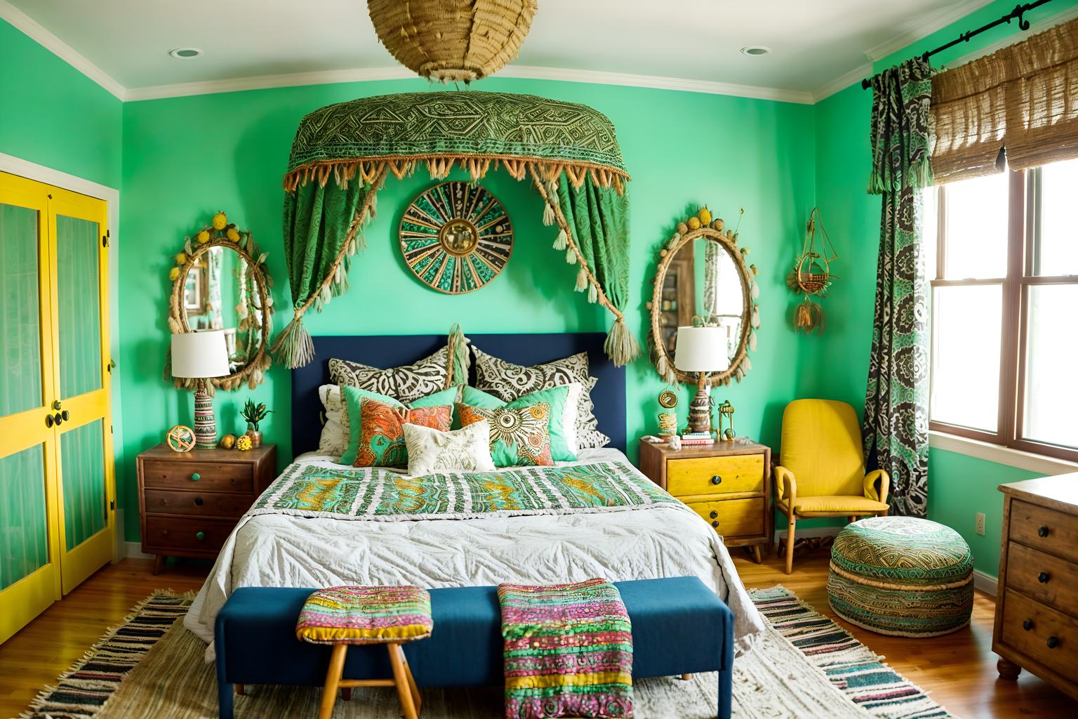 bohemian-style (kids room interior) with mirror and kids desk and storage bench or ottoman and dresser closet and headboard and bedside table or night stand and bed and night light. . with playful textures and natural materials and carefree layers of pattern, texture, and color and bold patterns and mixed patterns and playful colors and lush green nature and travel trinkets. . cinematic photo, highly detailed, cinematic lighting, ultra-detailed, ultrarealistic, photorealism, 8k. bohemian interior design style. masterpiece, cinematic light, ultrarealistic+, photorealistic+, 8k, raw photo, realistic, sharp focus on eyes, (symmetrical eyes), (intact eyes), hyperrealistic, highest quality, best quality, , highly detailed, masterpiece, best quality, extremely detailed 8k wallpaper, masterpiece, best quality, ultra-detailed, best shadow, detailed background, detailed face, detailed eyes, high contrast, best illumination, detailed face, dulux, caustic, dynamic angle, detailed glow. dramatic lighting. highly detailed, insanely detailed hair, symmetrical, intricate details, professionally retouched, 8k high definition. strong bokeh. award winning photo.