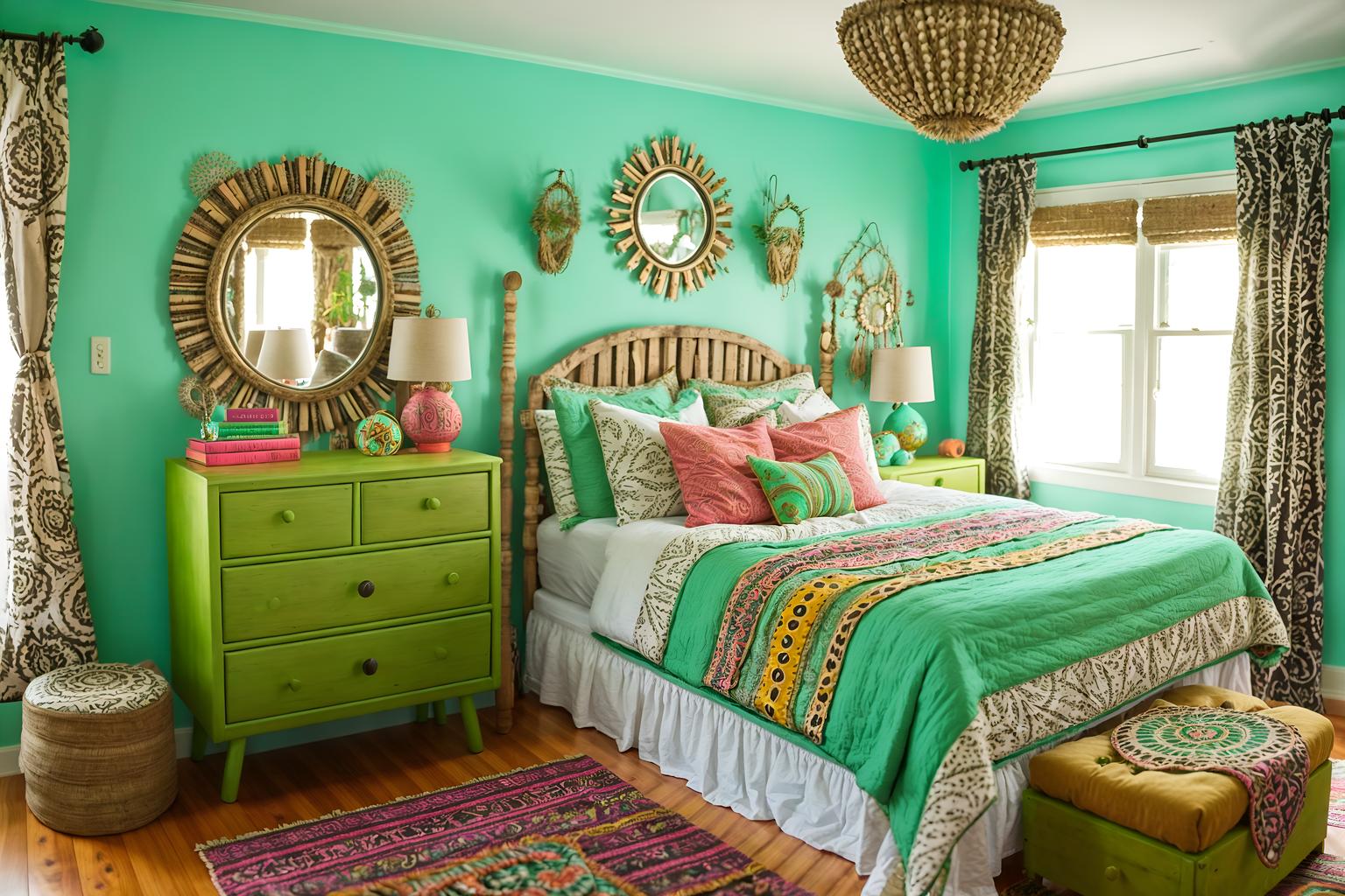 bohemian-style (kids room interior) with mirror and kids desk and storage bench or ottoman and dresser closet and headboard and bedside table or night stand and bed and night light. . with playful textures and natural materials and carefree layers of pattern, texture, and color and bold patterns and mixed patterns and playful colors and lush green nature and travel trinkets. . cinematic photo, highly detailed, cinematic lighting, ultra-detailed, ultrarealistic, photorealism, 8k. bohemian interior design style. masterpiece, cinematic light, ultrarealistic+, photorealistic+, 8k, raw photo, realistic, sharp focus on eyes, (symmetrical eyes), (intact eyes), hyperrealistic, highest quality, best quality, , highly detailed, masterpiece, best quality, extremely detailed 8k wallpaper, masterpiece, best quality, ultra-detailed, best shadow, detailed background, detailed face, detailed eyes, high contrast, best illumination, detailed face, dulux, caustic, dynamic angle, detailed glow. dramatic lighting. highly detailed, insanely detailed hair, symmetrical, intricate details, professionally retouched, 8k high definition. strong bokeh. award winning photo.