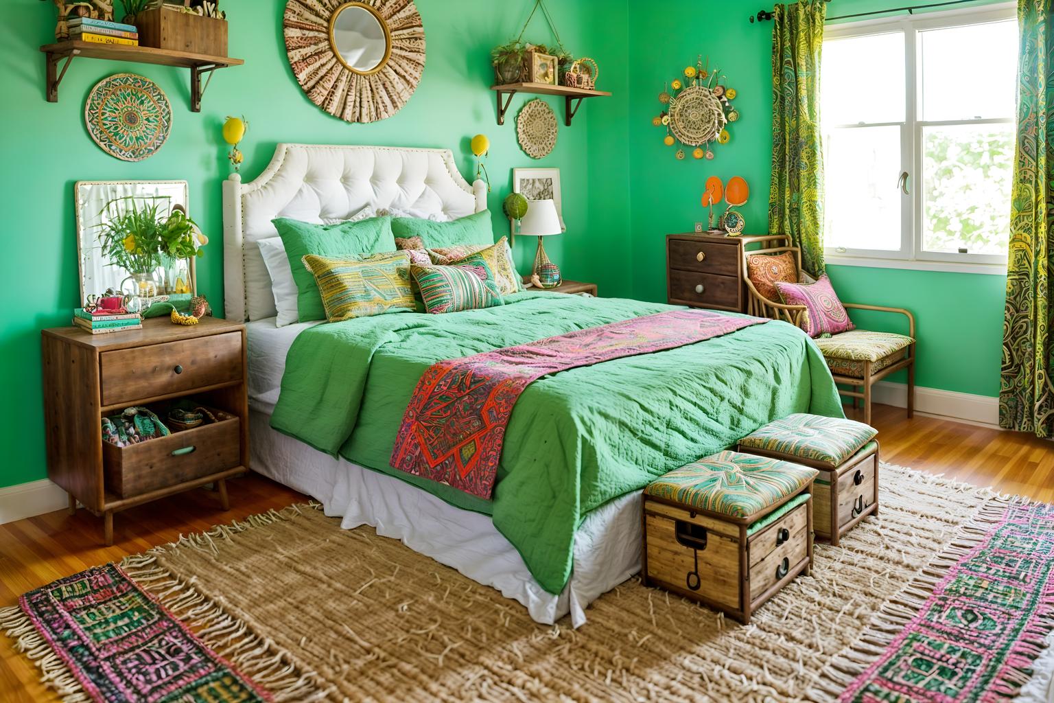 bohemian-style (kids room interior) with mirror and kids desk and storage bench or ottoman and dresser closet and headboard and bedside table or night stand and bed and night light. . with playful textures and natural materials and carefree layers of pattern, texture, and color and bold patterns and mixed patterns and playful colors and lush green nature and travel trinkets. . cinematic photo, highly detailed, cinematic lighting, ultra-detailed, ultrarealistic, photorealism, 8k. bohemian interior design style. masterpiece, cinematic light, ultrarealistic+, photorealistic+, 8k, raw photo, realistic, sharp focus on eyes, (symmetrical eyes), (intact eyes), hyperrealistic, highest quality, best quality, , highly detailed, masterpiece, best quality, extremely detailed 8k wallpaper, masterpiece, best quality, ultra-detailed, best shadow, detailed background, detailed face, detailed eyes, high contrast, best illumination, detailed face, dulux, caustic, dynamic angle, detailed glow. dramatic lighting. highly detailed, insanely detailed hair, symmetrical, intricate details, professionally retouched, 8k high definition. strong bokeh. award winning photo.