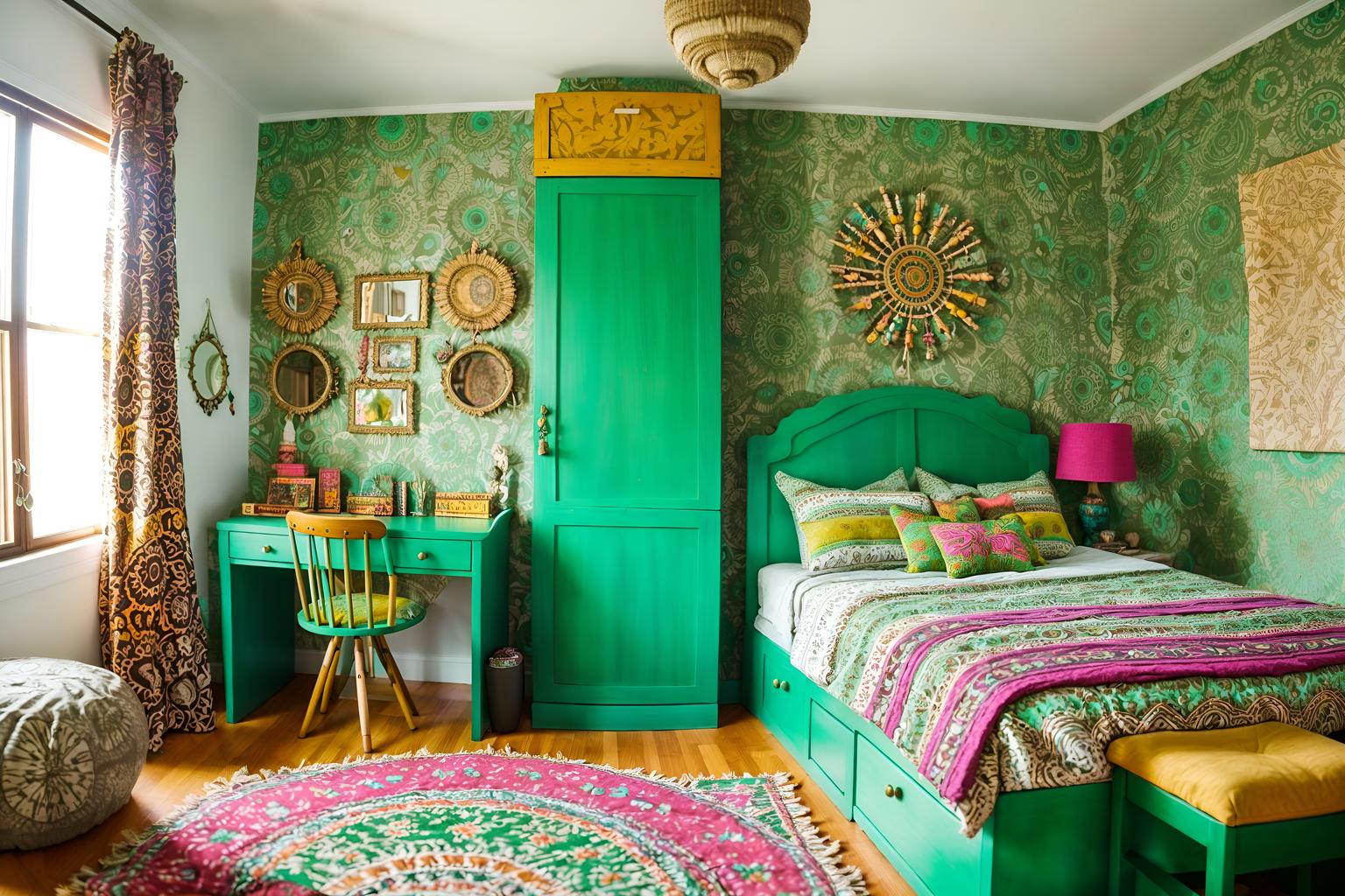 bohemian-style (kids room interior) with mirror and kids desk and storage bench or ottoman and dresser closet and headboard and bedside table or night stand and bed and night light. . with playful textures and natural materials and carefree layers of pattern, texture, and color and bold patterns and mixed patterns and playful colors and lush green nature and travel trinkets. . cinematic photo, highly detailed, cinematic lighting, ultra-detailed, ultrarealistic, photorealism, 8k. bohemian interior design style. masterpiece, cinematic light, ultrarealistic+, photorealistic+, 8k, raw photo, realistic, sharp focus on eyes, (symmetrical eyes), (intact eyes), hyperrealistic, highest quality, best quality, , highly detailed, masterpiece, best quality, extremely detailed 8k wallpaper, masterpiece, best quality, ultra-detailed, best shadow, detailed background, detailed face, detailed eyes, high contrast, best illumination, detailed face, dulux, caustic, dynamic angle, detailed glow. dramatic lighting. highly detailed, insanely detailed hair, symmetrical, intricate details, professionally retouched, 8k high definition. strong bokeh. award winning photo.