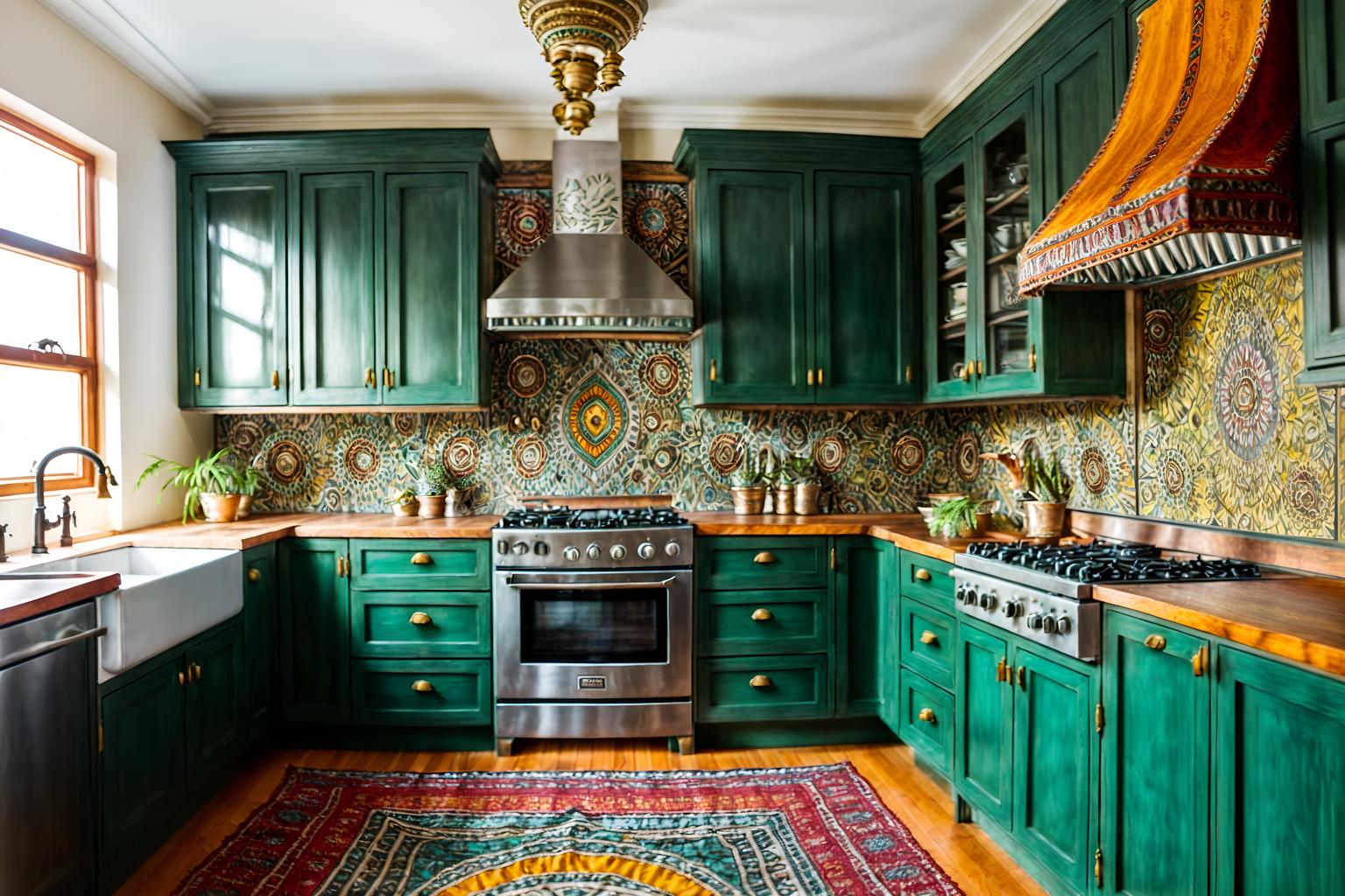 bohemian-style (kitchen interior) with kitchen cabinets and plant and refrigerator and stove and sink and worktops and kitchen cabinets. . with playful textures and a lack of structure and playful patterns and bold colors and playful colors and metals and carefree layers of pattern, texture, and color and animal hides. . cinematic photo, highly detailed, cinematic lighting, ultra-detailed, ultrarealistic, photorealism, 8k. bohemian interior design style. masterpiece, cinematic light, ultrarealistic+, photorealistic+, 8k, raw photo, realistic, sharp focus on eyes, (symmetrical eyes), (intact eyes), hyperrealistic, highest quality, best quality, , highly detailed, masterpiece, best quality, extremely detailed 8k wallpaper, masterpiece, best quality, ultra-detailed, best shadow, detailed background, detailed face, detailed eyes, high contrast, best illumination, detailed face, dulux, caustic, dynamic angle, detailed glow. dramatic lighting. highly detailed, insanely detailed hair, symmetrical, intricate details, professionally retouched, 8k high definition. strong bokeh. award winning photo.