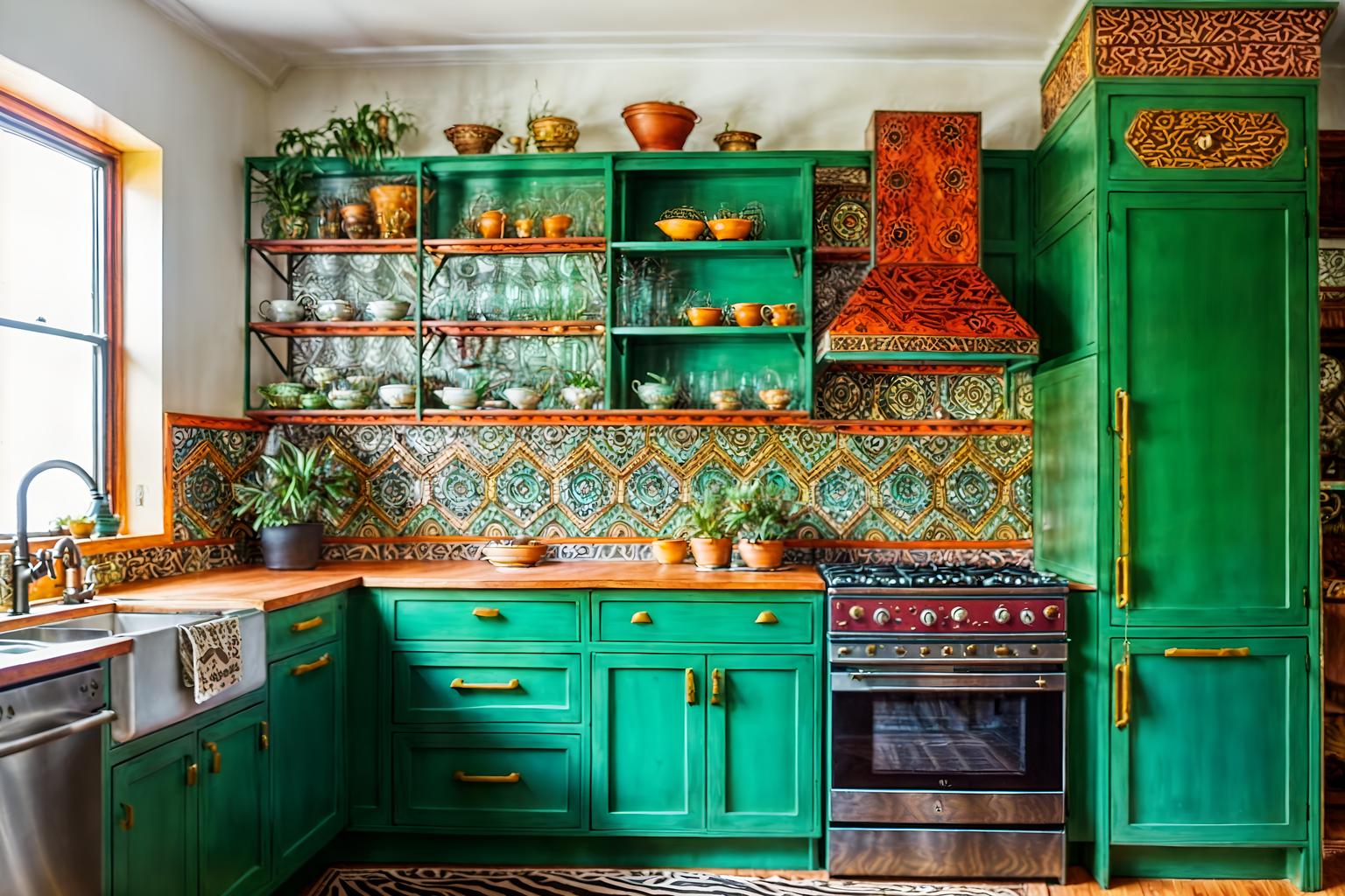 bohemian-style (kitchen interior) with kitchen cabinets and plant and refrigerator and stove and sink and worktops and kitchen cabinets. . with playful textures and a lack of structure and playful patterns and bold colors and playful colors and metals and carefree layers of pattern, texture, and color and animal hides. . cinematic photo, highly detailed, cinematic lighting, ultra-detailed, ultrarealistic, photorealism, 8k. bohemian interior design style. masterpiece, cinematic light, ultrarealistic+, photorealistic+, 8k, raw photo, realistic, sharp focus on eyes, (symmetrical eyes), (intact eyes), hyperrealistic, highest quality, best quality, , highly detailed, masterpiece, best quality, extremely detailed 8k wallpaper, masterpiece, best quality, ultra-detailed, best shadow, detailed background, detailed face, detailed eyes, high contrast, best illumination, detailed face, dulux, caustic, dynamic angle, detailed glow. dramatic lighting. highly detailed, insanely detailed hair, symmetrical, intricate details, professionally retouched, 8k high definition. strong bokeh. award winning photo.