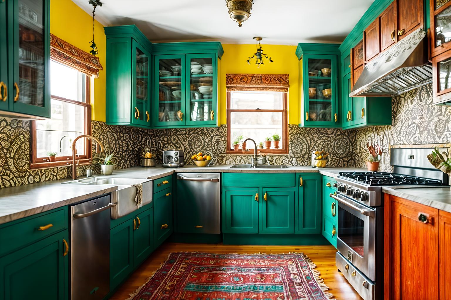 bohemian-style (kitchen interior) with kitchen cabinets and plant and refrigerator and stove and sink and worktops and kitchen cabinets. . with playful textures and a lack of structure and playful patterns and bold colors and playful colors and metals and carefree layers of pattern, texture, and color and animal hides. . cinematic photo, highly detailed, cinematic lighting, ultra-detailed, ultrarealistic, photorealism, 8k. bohemian interior design style. masterpiece, cinematic light, ultrarealistic+, photorealistic+, 8k, raw photo, realistic, sharp focus on eyes, (symmetrical eyes), (intact eyes), hyperrealistic, highest quality, best quality, , highly detailed, masterpiece, best quality, extremely detailed 8k wallpaper, masterpiece, best quality, ultra-detailed, best shadow, detailed background, detailed face, detailed eyes, high contrast, best illumination, detailed face, dulux, caustic, dynamic angle, detailed glow. dramatic lighting. highly detailed, insanely detailed hair, symmetrical, intricate details, professionally retouched, 8k high definition. strong bokeh. award winning photo.