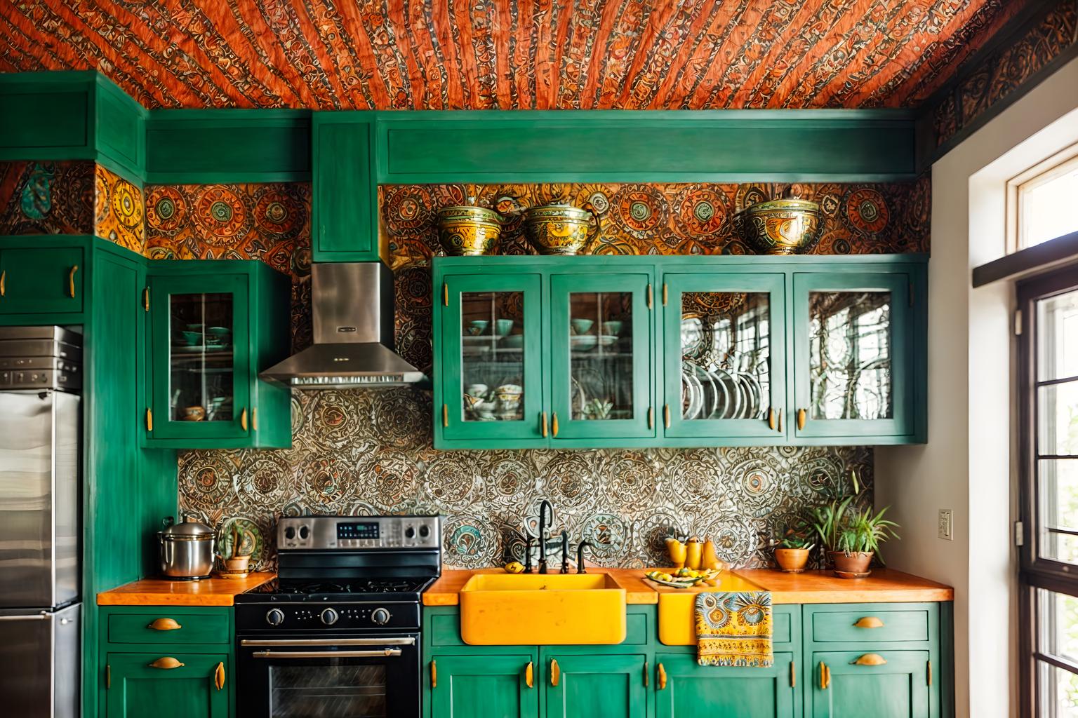 bohemian-style (kitchen interior) with kitchen cabinets and plant and refrigerator and stove and sink and worktops and kitchen cabinets. . with playful textures and a lack of structure and playful patterns and bold colors and playful colors and metals and carefree layers of pattern, texture, and color and animal hides. . cinematic photo, highly detailed, cinematic lighting, ultra-detailed, ultrarealistic, photorealism, 8k. bohemian interior design style. masterpiece, cinematic light, ultrarealistic+, photorealistic+, 8k, raw photo, realistic, sharp focus on eyes, (symmetrical eyes), (intact eyes), hyperrealistic, highest quality, best quality, , highly detailed, masterpiece, best quality, extremely detailed 8k wallpaper, masterpiece, best quality, ultra-detailed, best shadow, detailed background, detailed face, detailed eyes, high contrast, best illumination, detailed face, dulux, caustic, dynamic angle, detailed glow. dramatic lighting. highly detailed, insanely detailed hair, symmetrical, intricate details, professionally retouched, 8k high definition. strong bokeh. award winning photo.