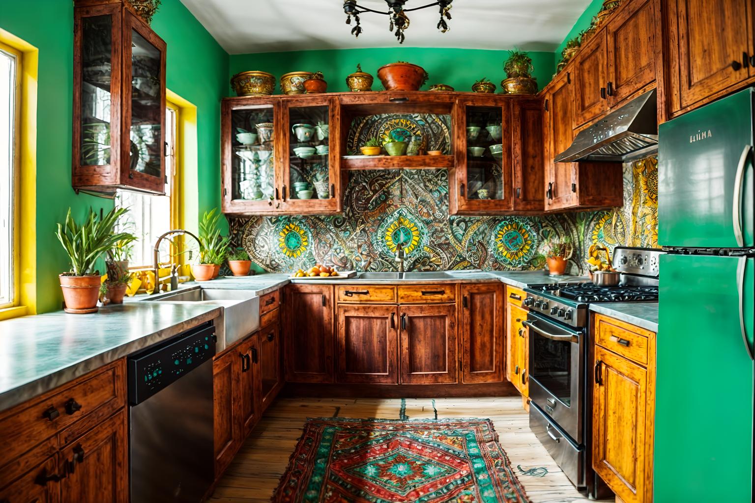 bohemian-style (kitchen interior) with kitchen cabinets and plant and refrigerator and stove and sink and worktops and kitchen cabinets. . with playful textures and a lack of structure and playful patterns and bold colors and playful colors and metals and carefree layers of pattern, texture, and color and animal hides. . cinematic photo, highly detailed, cinematic lighting, ultra-detailed, ultrarealistic, photorealism, 8k. bohemian interior design style. masterpiece, cinematic light, ultrarealistic+, photorealistic+, 8k, raw photo, realistic, sharp focus on eyes, (symmetrical eyes), (intact eyes), hyperrealistic, highest quality, best quality, , highly detailed, masterpiece, best quality, extremely detailed 8k wallpaper, masterpiece, best quality, ultra-detailed, best shadow, detailed background, detailed face, detailed eyes, high contrast, best illumination, detailed face, dulux, caustic, dynamic angle, detailed glow. dramatic lighting. highly detailed, insanely detailed hair, symmetrical, intricate details, professionally retouched, 8k high definition. strong bokeh. award winning photo.