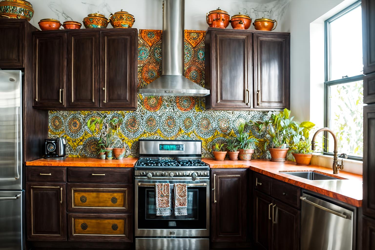 bohemian-style (kitchen interior) with kitchen cabinets and plant and refrigerator and stove and sink and worktops and kitchen cabinets. . with playful textures and a lack of structure and playful patterns and bold colors and playful colors and metals and carefree layers of pattern, texture, and color and animal hides. . cinematic photo, highly detailed, cinematic lighting, ultra-detailed, ultrarealistic, photorealism, 8k. bohemian interior design style. masterpiece, cinematic light, ultrarealistic+, photorealistic+, 8k, raw photo, realistic, sharp focus on eyes, (symmetrical eyes), (intact eyes), hyperrealistic, highest quality, best quality, , highly detailed, masterpiece, best quality, extremely detailed 8k wallpaper, masterpiece, best quality, ultra-detailed, best shadow, detailed background, detailed face, detailed eyes, high contrast, best illumination, detailed face, dulux, caustic, dynamic angle, detailed glow. dramatic lighting. highly detailed, insanely detailed hair, symmetrical, intricate details, professionally retouched, 8k high definition. strong bokeh. award winning photo.