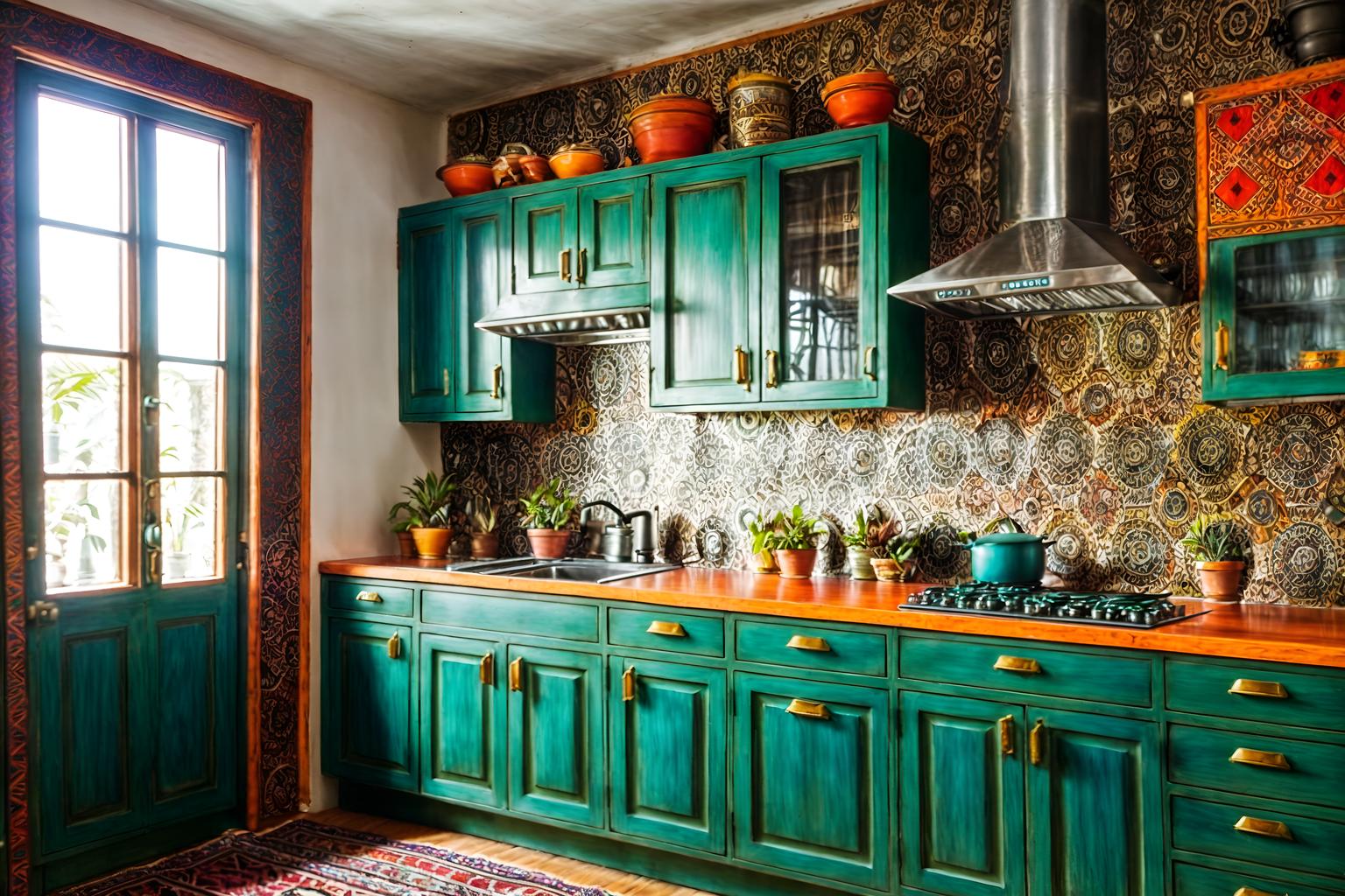 bohemian-style (kitchen interior) with kitchen cabinets and plant and refrigerator and stove and sink and worktops and kitchen cabinets. . with playful textures and a lack of structure and playful patterns and bold colors and playful colors and metals and carefree layers of pattern, texture, and color and animal hides. . cinematic photo, highly detailed, cinematic lighting, ultra-detailed, ultrarealistic, photorealism, 8k. bohemian interior design style. masterpiece, cinematic light, ultrarealistic+, photorealistic+, 8k, raw photo, realistic, sharp focus on eyes, (symmetrical eyes), (intact eyes), hyperrealistic, highest quality, best quality, , highly detailed, masterpiece, best quality, extremely detailed 8k wallpaper, masterpiece, best quality, ultra-detailed, best shadow, detailed background, detailed face, detailed eyes, high contrast, best illumination, detailed face, dulux, caustic, dynamic angle, detailed glow. dramatic lighting. highly detailed, insanely detailed hair, symmetrical, intricate details, professionally retouched, 8k high definition. strong bokeh. award winning photo.