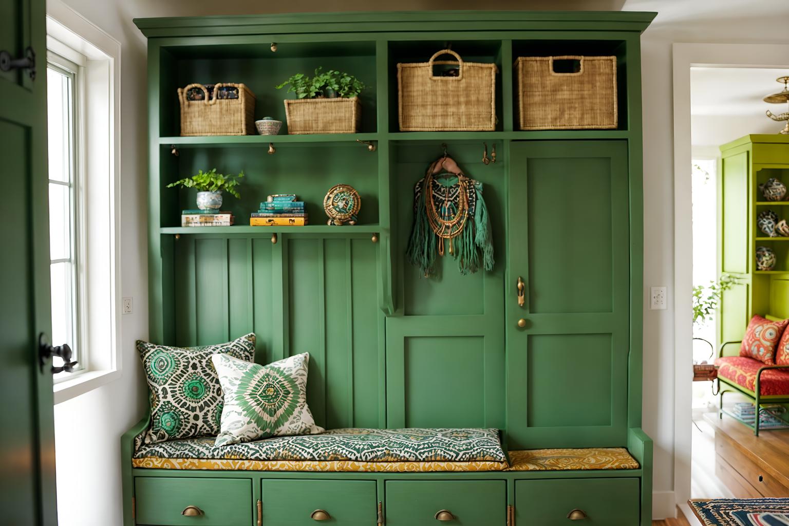 bohemian-style (drop zone interior) with wall hooks for coats and cubbies and storage drawers and high up storage and cabinets and storage baskets and shelves for shoes and a bench. . with playful textures and bold patterns and playful patterns and metals and a lack of structure and bold colors and travel trinkets and lush green nature. . cinematic photo, highly detailed, cinematic lighting, ultra-detailed, ultrarealistic, photorealism, 8k. bohemian interior design style. masterpiece, cinematic light, ultrarealistic+, photorealistic+, 8k, raw photo, realistic, sharp focus on eyes, (symmetrical eyes), (intact eyes), hyperrealistic, highest quality, best quality, , highly detailed, masterpiece, best quality, extremely detailed 8k wallpaper, masterpiece, best quality, ultra-detailed, best shadow, detailed background, detailed face, detailed eyes, high contrast, best illumination, detailed face, dulux, caustic, dynamic angle, detailed glow. dramatic lighting. highly detailed, insanely detailed hair, symmetrical, intricate details, professionally retouched, 8k high definition. strong bokeh. award winning photo.