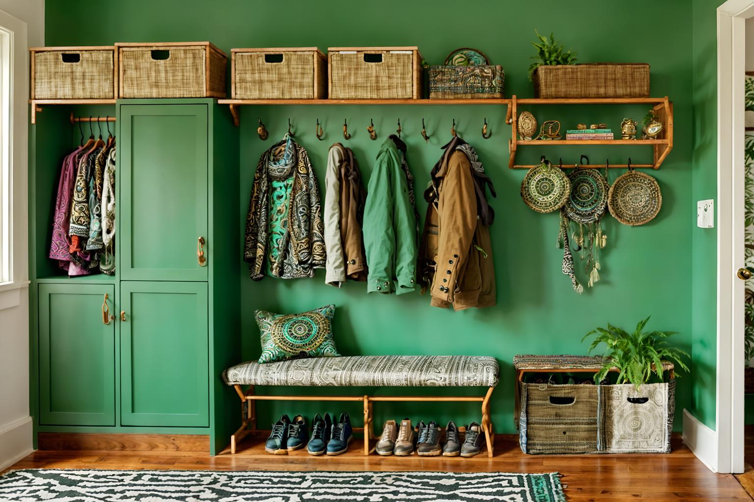bohemian-style (drop zone interior) with wall hooks for coats and cubbies and storage drawers and high up storage and cabinets and storage baskets and shelves for shoes and a bench. . with playful textures and bold patterns and playful patterns and metals and a lack of structure and bold colors and travel trinkets and lush green nature. . cinematic photo, highly detailed, cinematic lighting, ultra-detailed, ultrarealistic, photorealism, 8k. bohemian interior design style. masterpiece, cinematic light, ultrarealistic+, photorealistic+, 8k, raw photo, realistic, sharp focus on eyes, (symmetrical eyes), (intact eyes), hyperrealistic, highest quality, best quality, , highly detailed, masterpiece, best quality, extremely detailed 8k wallpaper, masterpiece, best quality, ultra-detailed, best shadow, detailed background, detailed face, detailed eyes, high contrast, best illumination, detailed face, dulux, caustic, dynamic angle, detailed glow. dramatic lighting. highly detailed, insanely detailed hair, symmetrical, intricate details, professionally retouched, 8k high definition. strong bokeh. award winning photo.