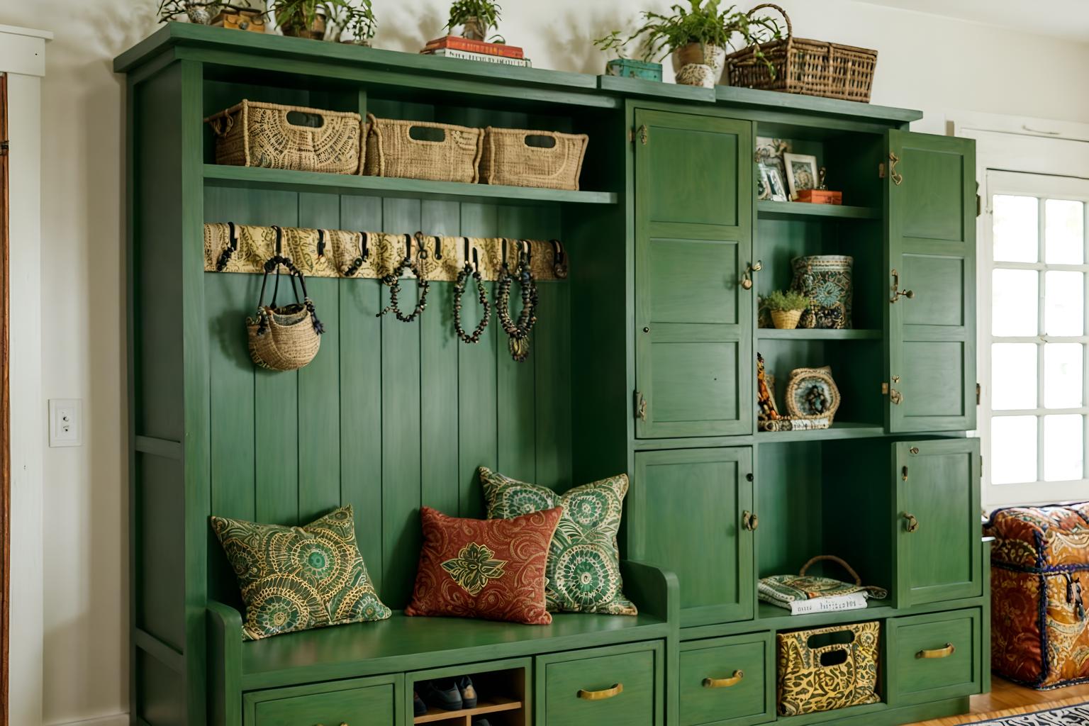 bohemian-style (drop zone interior) with wall hooks for coats and cubbies and storage drawers and high up storage and cabinets and storage baskets and shelves for shoes and a bench. . with playful textures and bold patterns and playful patterns and metals and a lack of structure and bold colors and travel trinkets and lush green nature. . cinematic photo, highly detailed, cinematic lighting, ultra-detailed, ultrarealistic, photorealism, 8k. bohemian interior design style. masterpiece, cinematic light, ultrarealistic+, photorealistic+, 8k, raw photo, realistic, sharp focus on eyes, (symmetrical eyes), (intact eyes), hyperrealistic, highest quality, best quality, , highly detailed, masterpiece, best quality, extremely detailed 8k wallpaper, masterpiece, best quality, ultra-detailed, best shadow, detailed background, detailed face, detailed eyes, high contrast, best illumination, detailed face, dulux, caustic, dynamic angle, detailed glow. dramatic lighting. highly detailed, insanely detailed hair, symmetrical, intricate details, professionally retouched, 8k high definition. strong bokeh. award winning photo.