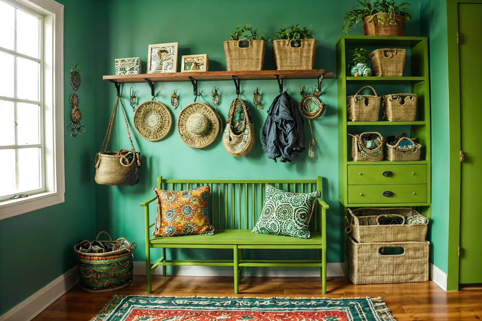 bohemian-style (drop zone interior) with wall hooks for coats and cubbies and storage drawers and high up storage and cabinets and storage baskets and shelves for shoes and a bench. . with playful textures and bold patterns and playful patterns and metals and a lack of structure and bold colors and travel trinkets and lush green nature. . cinematic photo, highly detailed, cinematic lighting, ultra-detailed, ultrarealistic, photorealism, 8k. bohemian interior design style. masterpiece, cinematic light, ultrarealistic+, photorealistic+, 8k, raw photo, realistic, sharp focus on eyes, (symmetrical eyes), (intact eyes), hyperrealistic, highest quality, best quality, , highly detailed, masterpiece, best quality, extremely detailed 8k wallpaper, masterpiece, best quality, ultra-detailed, best shadow, detailed background, detailed face, detailed eyes, high contrast, best illumination, detailed face, dulux, caustic, dynamic angle, detailed glow. dramatic lighting. highly detailed, insanely detailed hair, symmetrical, intricate details, professionally retouched, 8k high definition. strong bokeh. award winning photo.