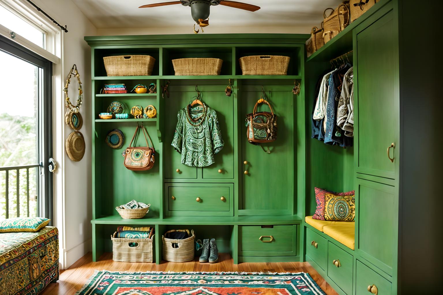 bohemian-style (drop zone interior) with wall hooks for coats and cubbies and storage drawers and high up storage and cabinets and storage baskets and shelves for shoes and a bench. . with playful textures and bold patterns and playful patterns and metals and a lack of structure and bold colors and travel trinkets and lush green nature. . cinematic photo, highly detailed, cinematic lighting, ultra-detailed, ultrarealistic, photorealism, 8k. bohemian interior design style. masterpiece, cinematic light, ultrarealistic+, photorealistic+, 8k, raw photo, realistic, sharp focus on eyes, (symmetrical eyes), (intact eyes), hyperrealistic, highest quality, best quality, , highly detailed, masterpiece, best quality, extremely detailed 8k wallpaper, masterpiece, best quality, ultra-detailed, best shadow, detailed background, detailed face, detailed eyes, high contrast, best illumination, detailed face, dulux, caustic, dynamic angle, detailed glow. dramatic lighting. highly detailed, insanely detailed hair, symmetrical, intricate details, professionally retouched, 8k high definition. strong bokeh. award winning photo.