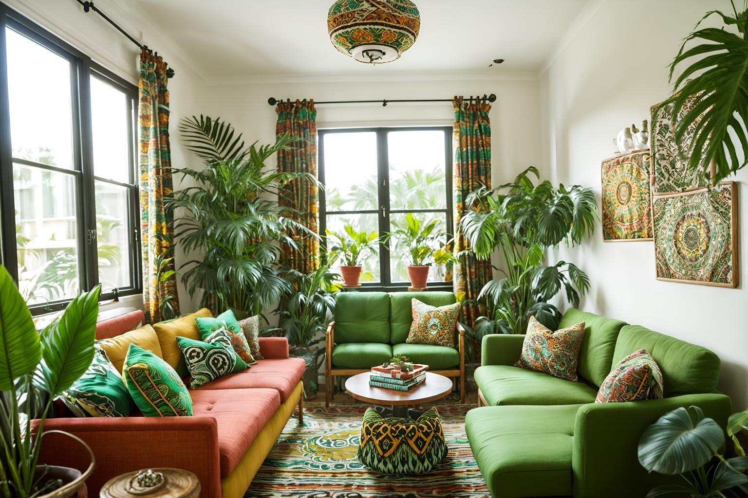 bohemian-style (office interior) with seating area with sofa and lounge chairs and cabinets and office desks and windows and computer desks and office chairs and plants. . with carefree layers of pattern, texture, and color and lush green nature and travel trinkets and bold patterns and playful colors and animal hides and natural materials and playful patterns. . cinematic photo, highly detailed, cinematic lighting, ultra-detailed, ultrarealistic, photorealism, 8k. bohemian interior design style. masterpiece, cinematic light, ultrarealistic+, photorealistic+, 8k, raw photo, realistic, sharp focus on eyes, (symmetrical eyes), (intact eyes), hyperrealistic, highest quality, best quality, , highly detailed, masterpiece, best quality, extremely detailed 8k wallpaper, masterpiece, best quality, ultra-detailed, best shadow, detailed background, detailed face, detailed eyes, high contrast, best illumination, detailed face, dulux, caustic, dynamic angle, detailed glow. dramatic lighting. highly detailed, insanely detailed hair, symmetrical, intricate details, professionally retouched, 8k high definition. strong bokeh. award winning photo.