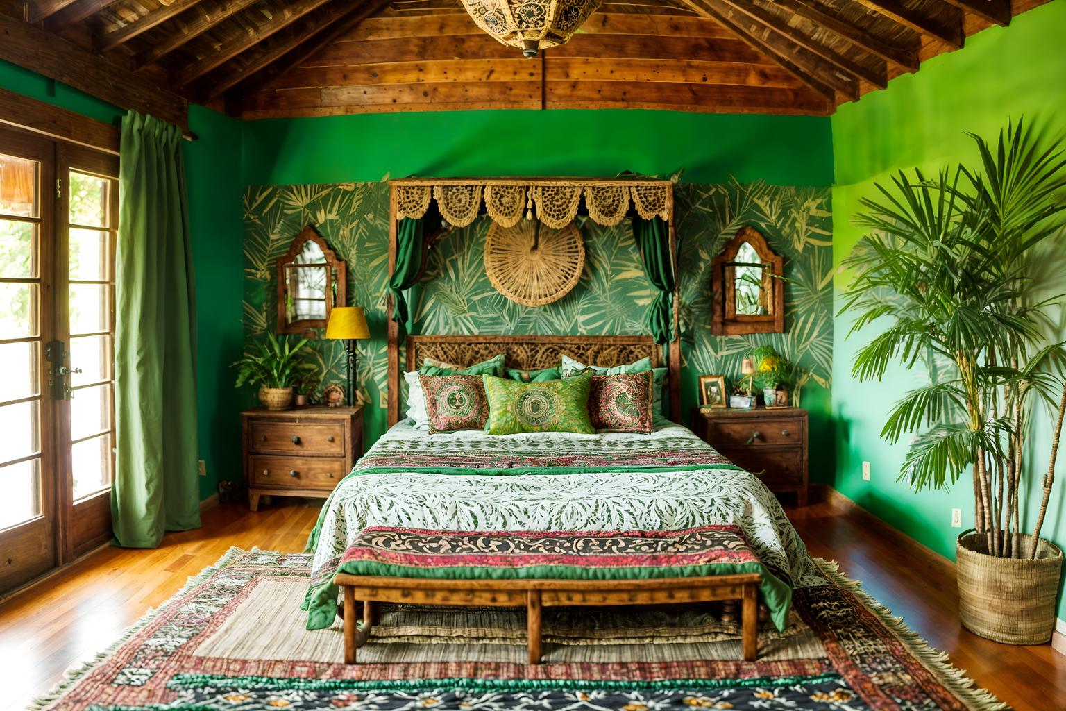 bohemian-style (bedroom interior) with plant and storage bench or ottoman and bed and dresser closet and headboard and accent chair and bedside table or night stand and night light. . with woods and playful colors and a lack of structure and lush green nature and bold patterns and natural materials and mixed patterns and carefree layers of pattern, texture, and color. . cinematic photo, highly detailed, cinematic lighting, ultra-detailed, ultrarealistic, photorealism, 8k. bohemian interior design style. masterpiece, cinematic light, ultrarealistic+, photorealistic+, 8k, raw photo, realistic, sharp focus on eyes, (symmetrical eyes), (intact eyes), hyperrealistic, highest quality, best quality, , highly detailed, masterpiece, best quality, extremely detailed 8k wallpaper, masterpiece, best quality, ultra-detailed, best shadow, detailed background, detailed face, detailed eyes, high contrast, best illumination, detailed face, dulux, caustic, dynamic angle, detailed glow. dramatic lighting. highly detailed, insanely detailed hair, symmetrical, intricate details, professionally retouched, 8k high definition. strong bokeh. award winning photo.