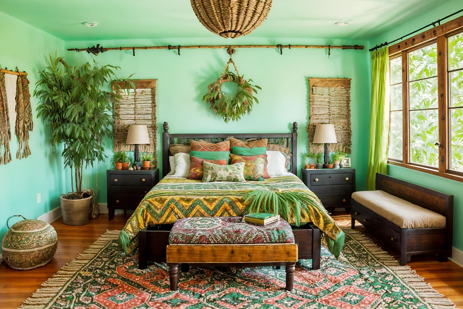 bohemian-style (bedroom interior) with plant and storage bench or ottoman and bed and dresser closet and headboard and accent chair and bedside table or night stand and night light. . with woods and playful colors and a lack of structure and lush green nature and bold patterns and natural materials and mixed patterns and carefree layers of pattern, texture, and color. . cinematic photo, highly detailed, cinematic lighting, ultra-detailed, ultrarealistic, photorealism, 8k. bohemian interior design style. masterpiece, cinematic light, ultrarealistic+, photorealistic+, 8k, raw photo, realistic, sharp focus on eyes, (symmetrical eyes), (intact eyes), hyperrealistic, highest quality, best quality, , highly detailed, masterpiece, best quality, extremely detailed 8k wallpaper, masterpiece, best quality, ultra-detailed, best shadow, detailed background, detailed face, detailed eyes, high contrast, best illumination, detailed face, dulux, caustic, dynamic angle, detailed glow. dramatic lighting. highly detailed, insanely detailed hair, symmetrical, intricate details, professionally retouched, 8k high definition. strong bokeh. award winning photo.