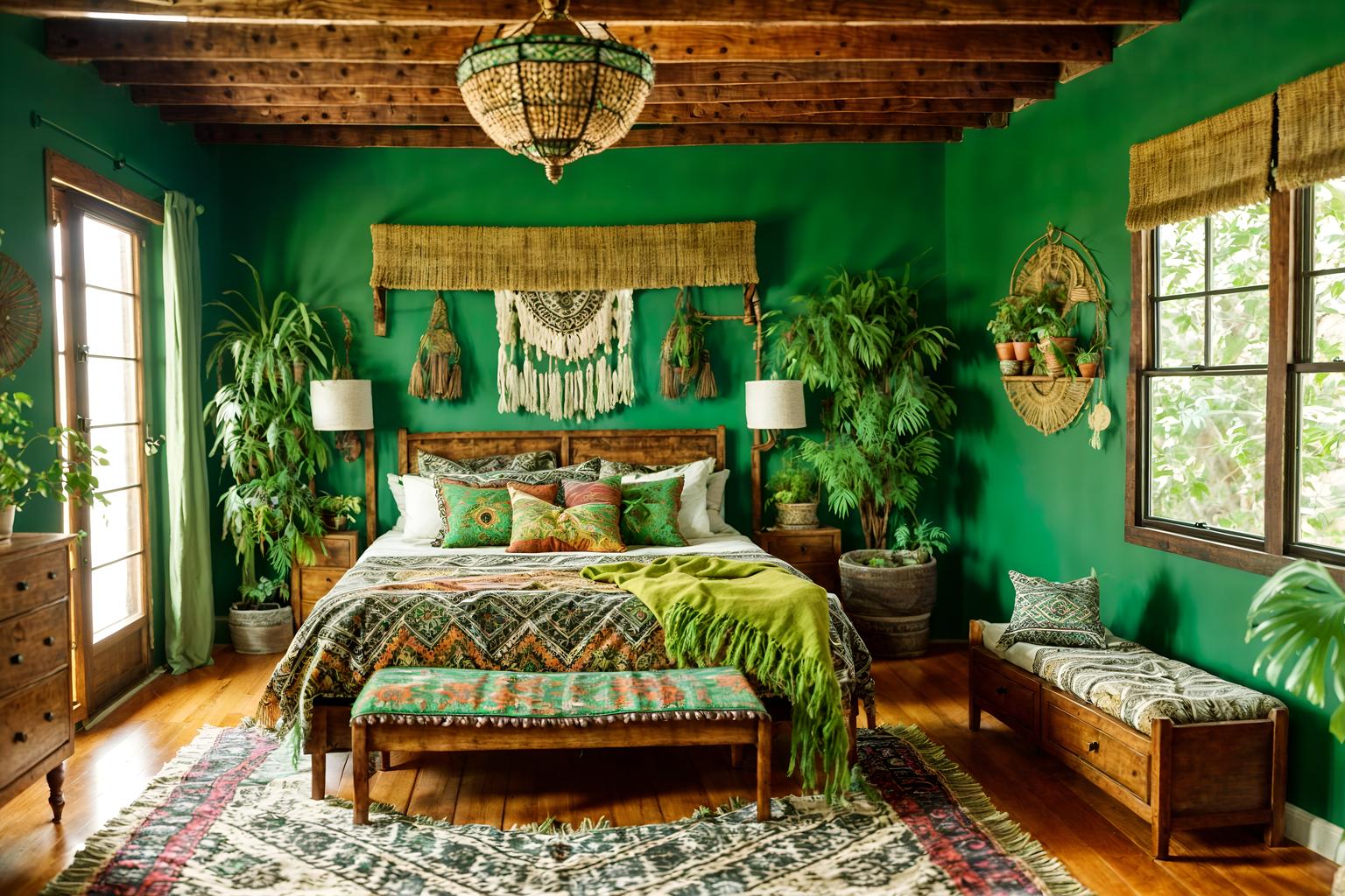 bohemian-style (bedroom interior) with plant and storage bench or ottoman and bed and dresser closet and headboard and accent chair and bedside table or night stand and night light. . with woods and playful colors and a lack of structure and lush green nature and bold patterns and natural materials and mixed patterns and carefree layers of pattern, texture, and color. . cinematic photo, highly detailed, cinematic lighting, ultra-detailed, ultrarealistic, photorealism, 8k. bohemian interior design style. masterpiece, cinematic light, ultrarealistic+, photorealistic+, 8k, raw photo, realistic, sharp focus on eyes, (symmetrical eyes), (intact eyes), hyperrealistic, highest quality, best quality, , highly detailed, masterpiece, best quality, extremely detailed 8k wallpaper, masterpiece, best quality, ultra-detailed, best shadow, detailed background, detailed face, detailed eyes, high contrast, best illumination, detailed face, dulux, caustic, dynamic angle, detailed glow. dramatic lighting. highly detailed, insanely detailed hair, symmetrical, intricate details, professionally retouched, 8k high definition. strong bokeh. award winning photo.