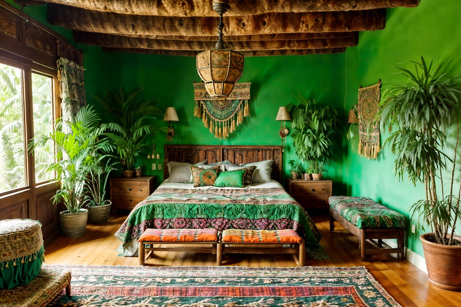 bohemian-style (bedroom interior) with plant and storage bench or ottoman and bed and dresser closet and headboard and accent chair and bedside table or night stand and night light. . with woods and playful colors and a lack of structure and lush green nature and bold patterns and natural materials and mixed patterns and carefree layers of pattern, texture, and color. . cinematic photo, highly detailed, cinematic lighting, ultra-detailed, ultrarealistic, photorealism, 8k. bohemian interior design style. masterpiece, cinematic light, ultrarealistic+, photorealistic+, 8k, raw photo, realistic, sharp focus on eyes, (symmetrical eyes), (intact eyes), hyperrealistic, highest quality, best quality, , highly detailed, masterpiece, best quality, extremely detailed 8k wallpaper, masterpiece, best quality, ultra-detailed, best shadow, detailed background, detailed face, detailed eyes, high contrast, best illumination, detailed face, dulux, caustic, dynamic angle, detailed glow. dramatic lighting. highly detailed, insanely detailed hair, symmetrical, intricate details, professionally retouched, 8k high definition. strong bokeh. award winning photo.