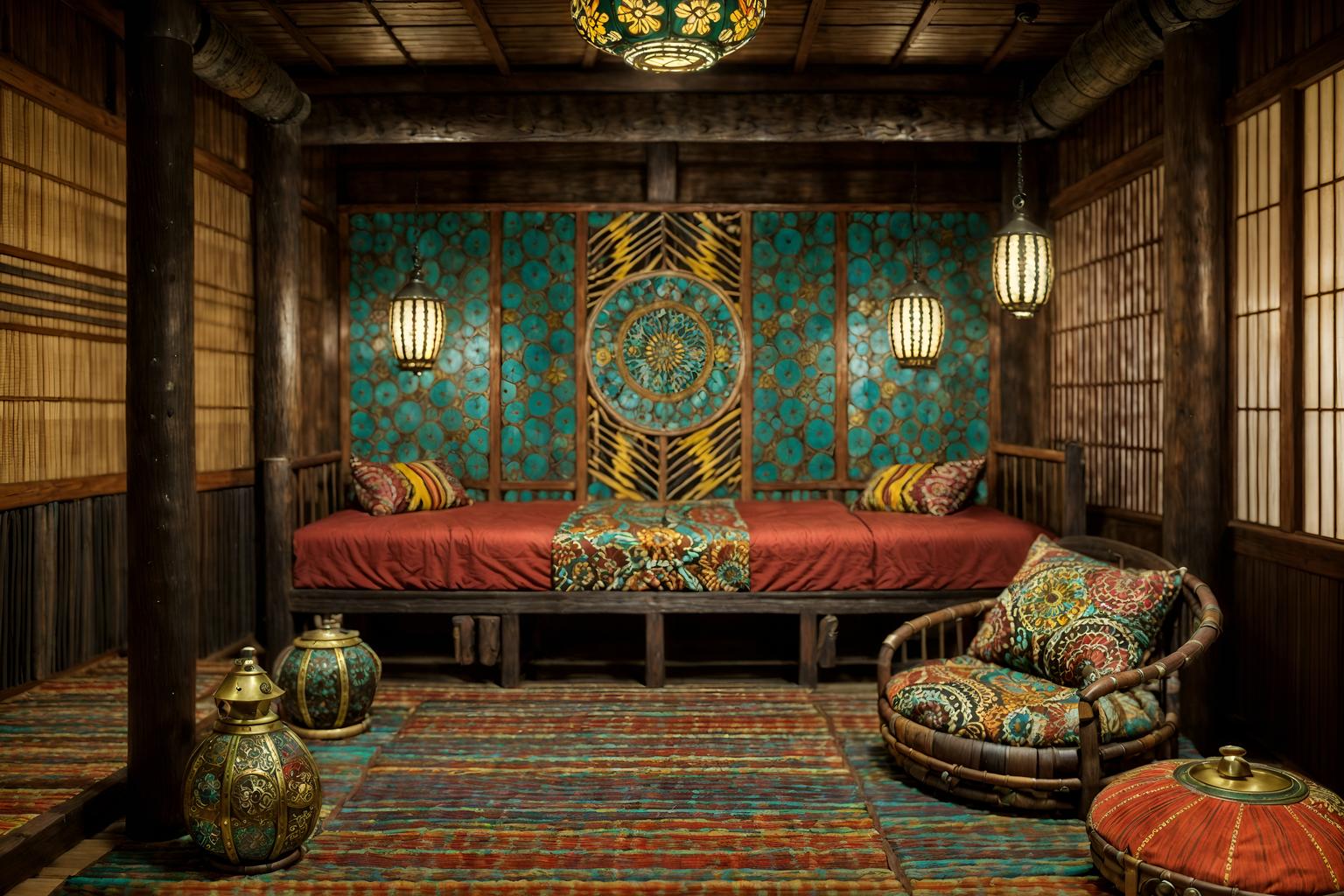 bohemian-style (onsen interior) . with bold colors and metals and animal hides and carefree layers of pattern, texture, and color and natural materials and playful patterns and mixed patterns and playful colors. . cinematic photo, highly detailed, cinematic lighting, ultra-detailed, ultrarealistic, photorealism, 8k. bohemian interior design style. masterpiece, cinematic light, ultrarealistic+, photorealistic+, 8k, raw photo, realistic, sharp focus on eyes, (symmetrical eyes), (intact eyes), hyperrealistic, highest quality, best quality, , highly detailed, masterpiece, best quality, extremely detailed 8k wallpaper, masterpiece, best quality, ultra-detailed, best shadow, detailed background, detailed face, detailed eyes, high contrast, best illumination, detailed face, dulux, caustic, dynamic angle, detailed glow. dramatic lighting. highly detailed, insanely detailed hair, symmetrical, intricate details, professionally retouched, 8k high definition. strong bokeh. award winning photo.