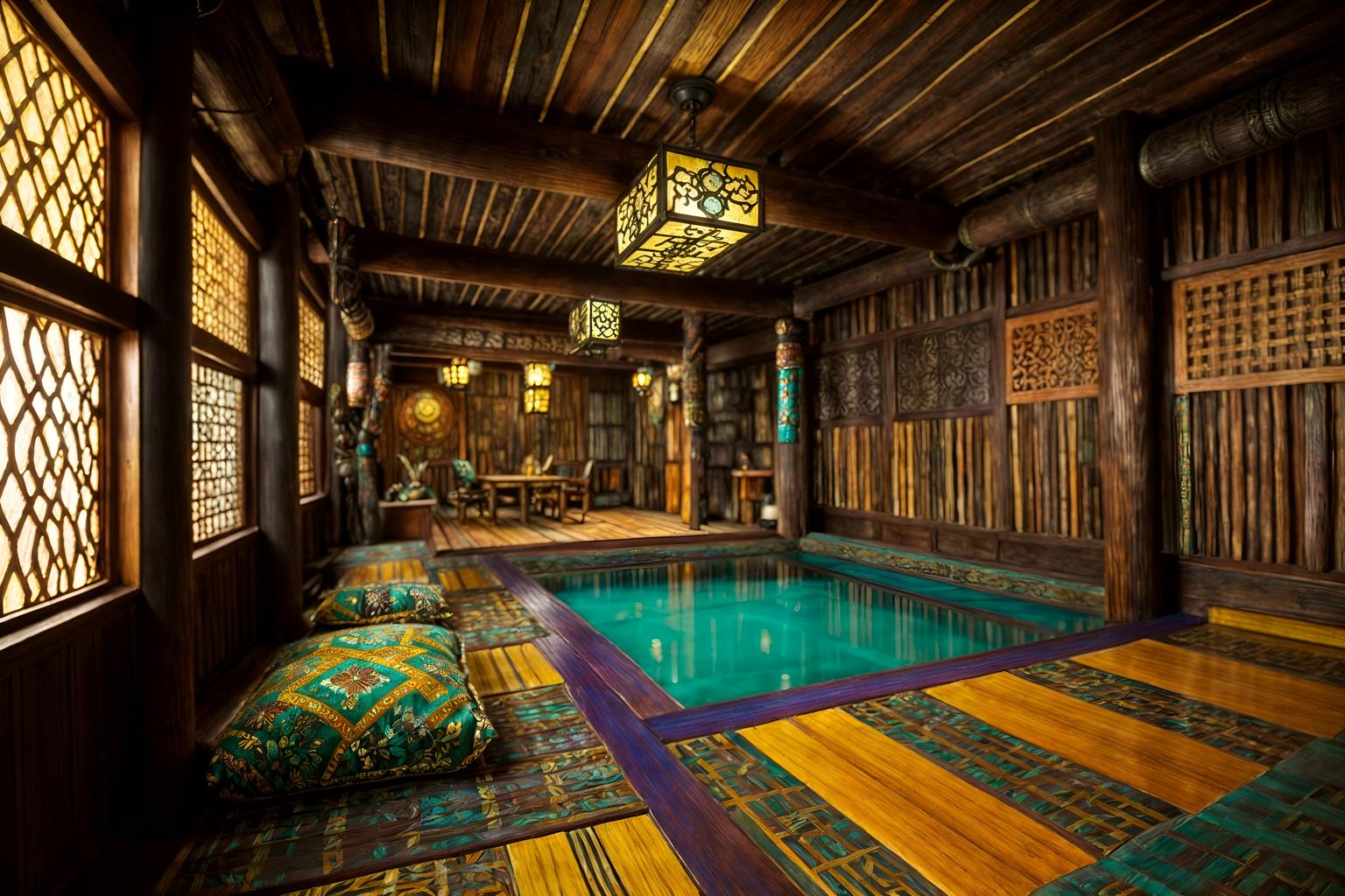 bohemian-style (onsen interior) . with bold colors and metals and animal hides and carefree layers of pattern, texture, and color and natural materials and playful patterns and mixed patterns and playful colors. . cinematic photo, highly detailed, cinematic lighting, ultra-detailed, ultrarealistic, photorealism, 8k. bohemian interior design style. masterpiece, cinematic light, ultrarealistic+, photorealistic+, 8k, raw photo, realistic, sharp focus on eyes, (symmetrical eyes), (intact eyes), hyperrealistic, highest quality, best quality, , highly detailed, masterpiece, best quality, extremely detailed 8k wallpaper, masterpiece, best quality, ultra-detailed, best shadow, detailed background, detailed face, detailed eyes, high contrast, best illumination, detailed face, dulux, caustic, dynamic angle, detailed glow. dramatic lighting. highly detailed, insanely detailed hair, symmetrical, intricate details, professionally retouched, 8k high definition. strong bokeh. award winning photo.