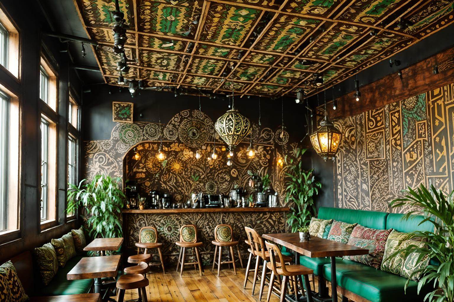 bohemian-style (coffee shop interior) . with metals and playful patterns and bold patterns and carefree layers of pattern, texture, and color and mixed patterns and woods and travel trinkets and lush green nature. . cinematic photo, highly detailed, cinematic lighting, ultra-detailed, ultrarealistic, photorealism, 8k. bohemian interior design style. masterpiece, cinematic light, ultrarealistic+, photorealistic+, 8k, raw photo, realistic, sharp focus on eyes, (symmetrical eyes), (intact eyes), hyperrealistic, highest quality, best quality, , highly detailed, masterpiece, best quality, extremely detailed 8k wallpaper, masterpiece, best quality, ultra-detailed, best shadow, detailed background, detailed face, detailed eyes, high contrast, best illumination, detailed face, dulux, caustic, dynamic angle, detailed glow. dramatic lighting. highly detailed, insanely detailed hair, symmetrical, intricate details, professionally retouched, 8k high definition. strong bokeh. award winning photo.