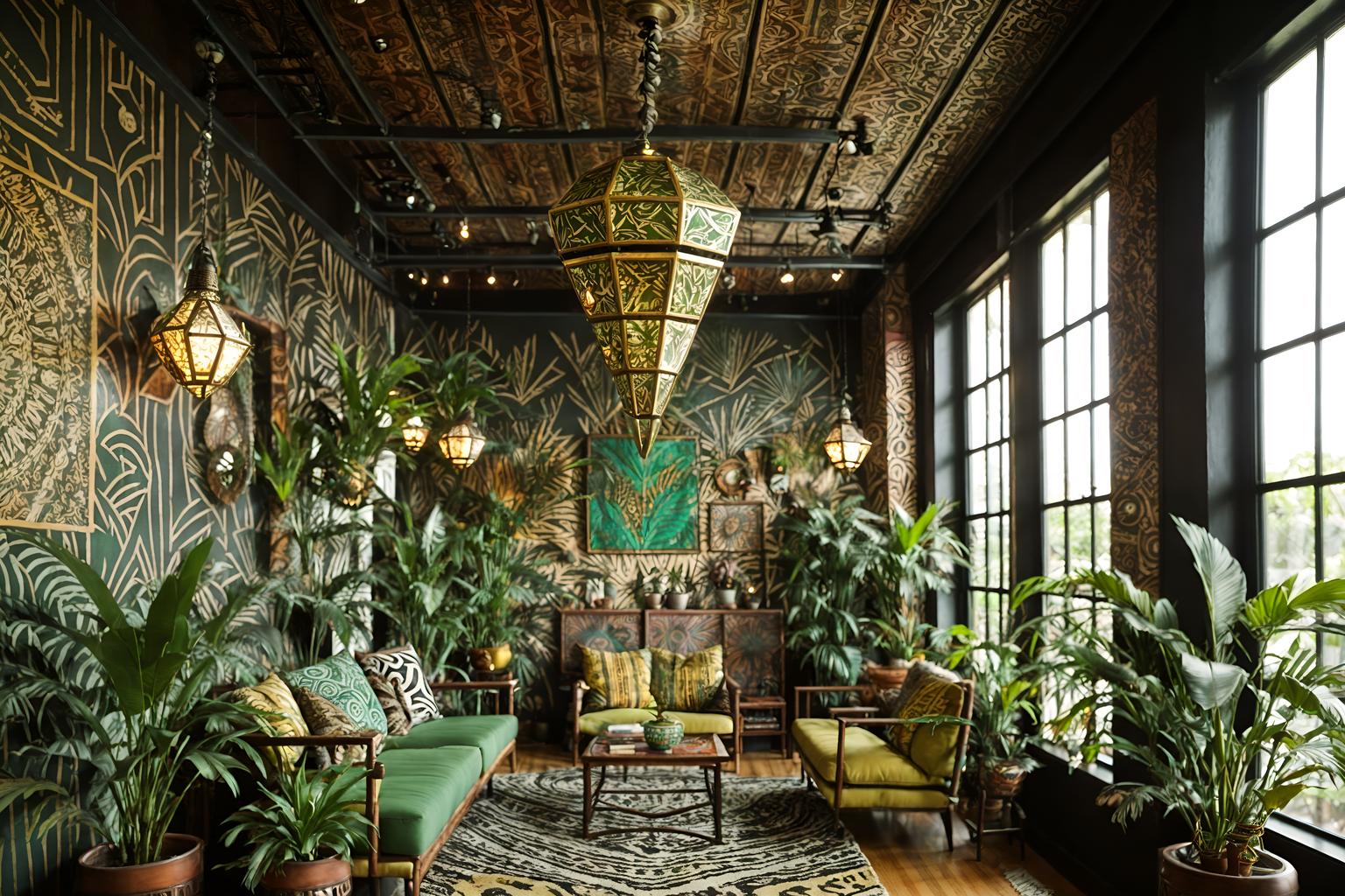 bohemian-style (coffee shop interior) . with metals and playful patterns and bold patterns and carefree layers of pattern, texture, and color and mixed patterns and woods and travel trinkets and lush green nature. . cinematic photo, highly detailed, cinematic lighting, ultra-detailed, ultrarealistic, photorealism, 8k. bohemian interior design style. masterpiece, cinematic light, ultrarealistic+, photorealistic+, 8k, raw photo, realistic, sharp focus on eyes, (symmetrical eyes), (intact eyes), hyperrealistic, highest quality, best quality, , highly detailed, masterpiece, best quality, extremely detailed 8k wallpaper, masterpiece, best quality, ultra-detailed, best shadow, detailed background, detailed face, detailed eyes, high contrast, best illumination, detailed face, dulux, caustic, dynamic angle, detailed glow. dramatic lighting. highly detailed, insanely detailed hair, symmetrical, intricate details, professionally retouched, 8k high definition. strong bokeh. award winning photo.