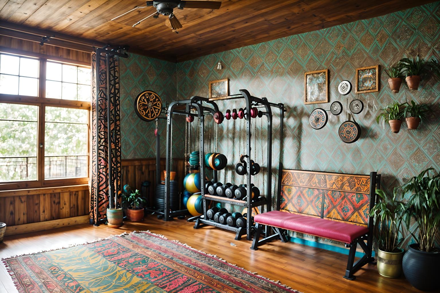 bohemian-style (fitness gym interior) with squat rack and exercise bicycle and crosstrainer and bench press and dumbbell stand and squat rack. . with carefree layers of pattern, texture, and color and metals and playful colors and bold colors and a lack of structure and woods and travel trinkets and bold patterns. . cinematic photo, highly detailed, cinematic lighting, ultra-detailed, ultrarealistic, photorealism, 8k. bohemian interior design style. masterpiece, cinematic light, ultrarealistic+, photorealistic+, 8k, raw photo, realistic, sharp focus on eyes, (symmetrical eyes), (intact eyes), hyperrealistic, highest quality, best quality, , highly detailed, masterpiece, best quality, extremely detailed 8k wallpaper, masterpiece, best quality, ultra-detailed, best shadow, detailed background, detailed face, detailed eyes, high contrast, best illumination, detailed face, dulux, caustic, dynamic angle, detailed glow. dramatic lighting. highly detailed, insanely detailed hair, symmetrical, intricate details, professionally retouched, 8k high definition. strong bokeh. award winning photo.