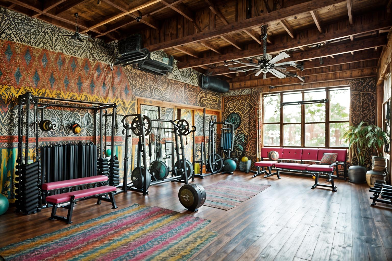 bohemian-style (fitness gym interior) with squat rack and exercise bicycle and crosstrainer and bench press and dumbbell stand and squat rack. . with carefree layers of pattern, texture, and color and metals and playful colors and bold colors and a lack of structure and woods and travel trinkets and bold patterns. . cinematic photo, highly detailed, cinematic lighting, ultra-detailed, ultrarealistic, photorealism, 8k. bohemian interior design style. masterpiece, cinematic light, ultrarealistic+, photorealistic+, 8k, raw photo, realistic, sharp focus on eyes, (symmetrical eyes), (intact eyes), hyperrealistic, highest quality, best quality, , highly detailed, masterpiece, best quality, extremely detailed 8k wallpaper, masterpiece, best quality, ultra-detailed, best shadow, detailed background, detailed face, detailed eyes, high contrast, best illumination, detailed face, dulux, caustic, dynamic angle, detailed glow. dramatic lighting. highly detailed, insanely detailed hair, symmetrical, intricate details, professionally retouched, 8k high definition. strong bokeh. award winning photo.