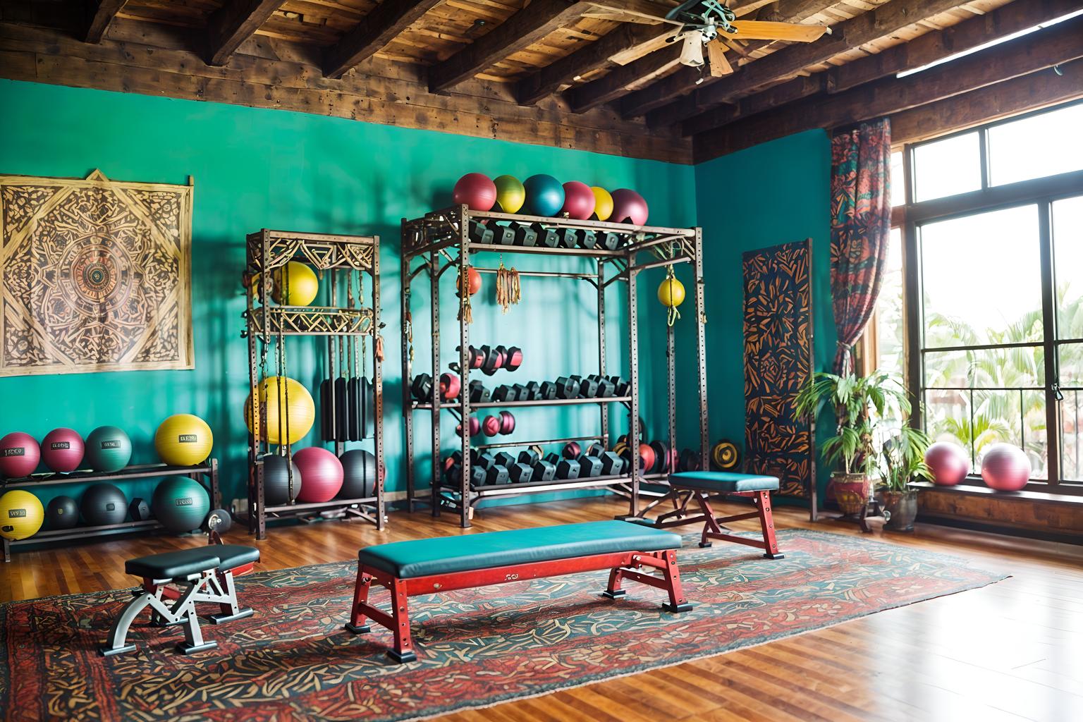 bohemian-style (fitness gym interior) with squat rack and exercise bicycle and crosstrainer and bench press and dumbbell stand and squat rack. . with carefree layers of pattern, texture, and color and metals and playful colors and bold colors and a lack of structure and woods and travel trinkets and bold patterns. . cinematic photo, highly detailed, cinematic lighting, ultra-detailed, ultrarealistic, photorealism, 8k. bohemian interior design style. masterpiece, cinematic light, ultrarealistic+, photorealistic+, 8k, raw photo, realistic, sharp focus on eyes, (symmetrical eyes), (intact eyes), hyperrealistic, highest quality, best quality, , highly detailed, masterpiece, best quality, extremely detailed 8k wallpaper, masterpiece, best quality, ultra-detailed, best shadow, detailed background, detailed face, detailed eyes, high contrast, best illumination, detailed face, dulux, caustic, dynamic angle, detailed glow. dramatic lighting. highly detailed, insanely detailed hair, symmetrical, intricate details, professionally retouched, 8k high definition. strong bokeh. award winning photo.