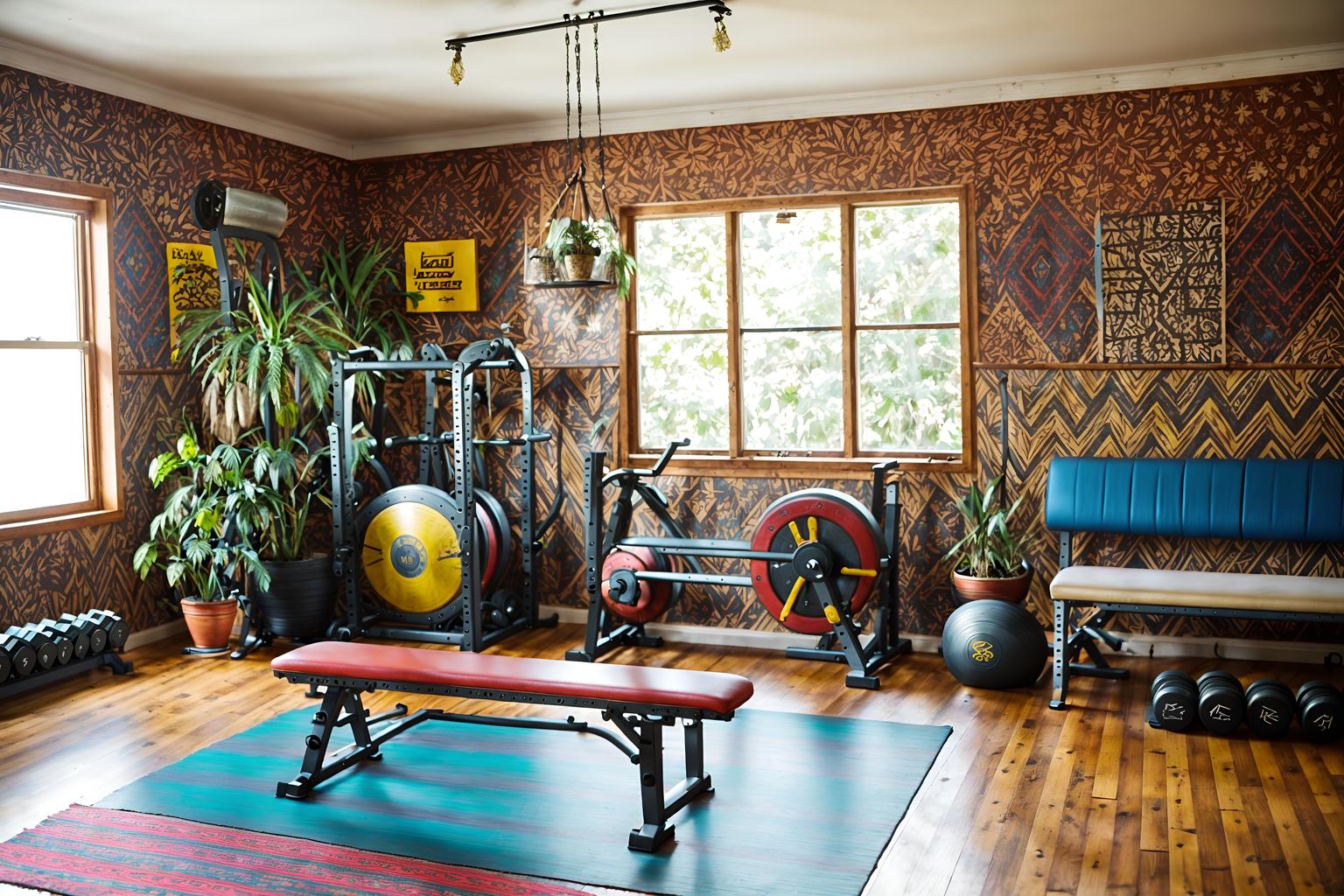 bohemian-style (fitness gym interior) with squat rack and exercise bicycle and crosstrainer and bench press and dumbbell stand and squat rack. . with carefree layers of pattern, texture, and color and metals and playful colors and bold colors and a lack of structure and woods and travel trinkets and bold patterns. . cinematic photo, highly detailed, cinematic lighting, ultra-detailed, ultrarealistic, photorealism, 8k. bohemian interior design style. masterpiece, cinematic light, ultrarealistic+, photorealistic+, 8k, raw photo, realistic, sharp focus on eyes, (symmetrical eyes), (intact eyes), hyperrealistic, highest quality, best quality, , highly detailed, masterpiece, best quality, extremely detailed 8k wallpaper, masterpiece, best quality, ultra-detailed, best shadow, detailed background, detailed face, detailed eyes, high contrast, best illumination, detailed face, dulux, caustic, dynamic angle, detailed glow. dramatic lighting. highly detailed, insanely detailed hair, symmetrical, intricate details, professionally retouched, 8k high definition. strong bokeh. award winning photo.