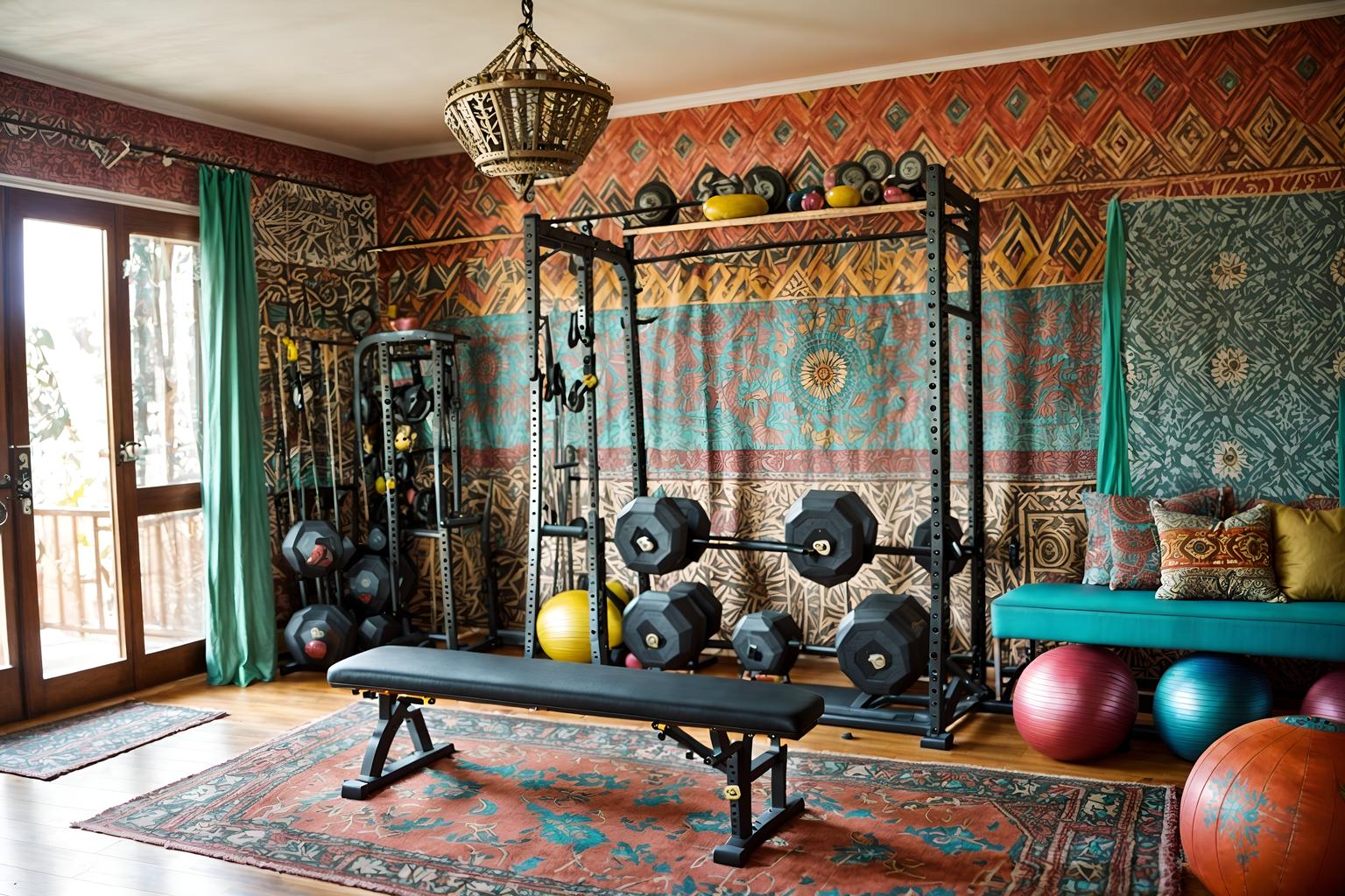 bohemian-style (fitness gym interior) with squat rack and exercise bicycle and crosstrainer and bench press and dumbbell stand and squat rack. . with carefree layers of pattern, texture, and color and metals and playful colors and bold colors and a lack of structure and woods and travel trinkets and bold patterns. . cinematic photo, highly detailed, cinematic lighting, ultra-detailed, ultrarealistic, photorealism, 8k. bohemian interior design style. masterpiece, cinematic light, ultrarealistic+, photorealistic+, 8k, raw photo, realistic, sharp focus on eyes, (symmetrical eyes), (intact eyes), hyperrealistic, highest quality, best quality, , highly detailed, masterpiece, best quality, extremely detailed 8k wallpaper, masterpiece, best quality, ultra-detailed, best shadow, detailed background, detailed face, detailed eyes, high contrast, best illumination, detailed face, dulux, caustic, dynamic angle, detailed glow. dramatic lighting. highly detailed, insanely detailed hair, symmetrical, intricate details, professionally retouched, 8k high definition. strong bokeh. award winning photo.