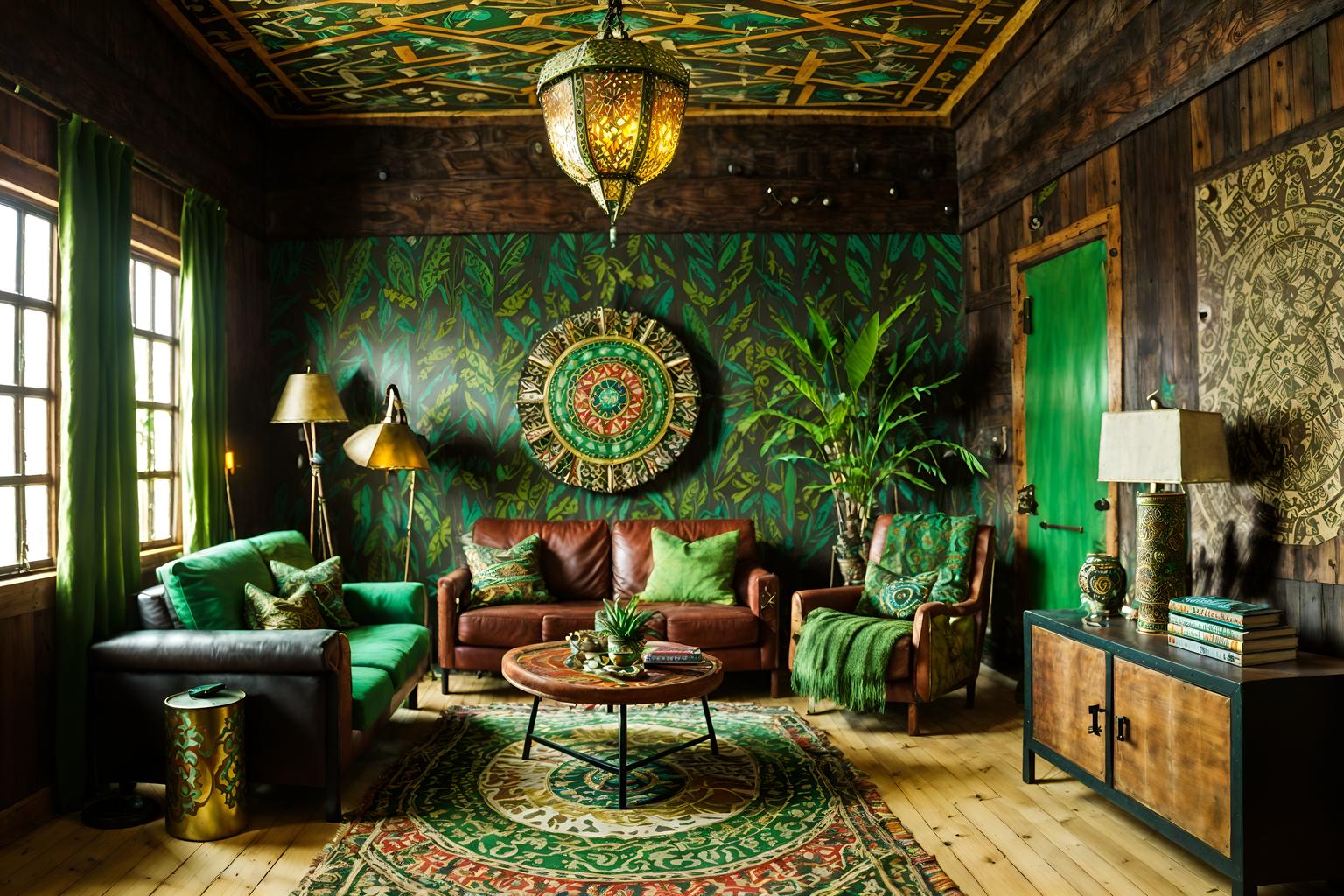 bohemian-style (gaming room interior) . with metals and woods and playful textures and bold patterns and animal hides and lush green nature and carefree layers of pattern, texture, and color and natural materials. . cinematic photo, highly detailed, cinematic lighting, ultra-detailed, ultrarealistic, photorealism, 8k. bohemian interior design style. masterpiece, cinematic light, ultrarealistic+, photorealistic+, 8k, raw photo, realistic, sharp focus on eyes, (symmetrical eyes), (intact eyes), hyperrealistic, highest quality, best quality, , highly detailed, masterpiece, best quality, extremely detailed 8k wallpaper, masterpiece, best quality, ultra-detailed, best shadow, detailed background, detailed face, detailed eyes, high contrast, best illumination, detailed face, dulux, caustic, dynamic angle, detailed glow. dramatic lighting. highly detailed, insanely detailed hair, symmetrical, intricate details, professionally retouched, 8k high definition. strong bokeh. award winning photo.