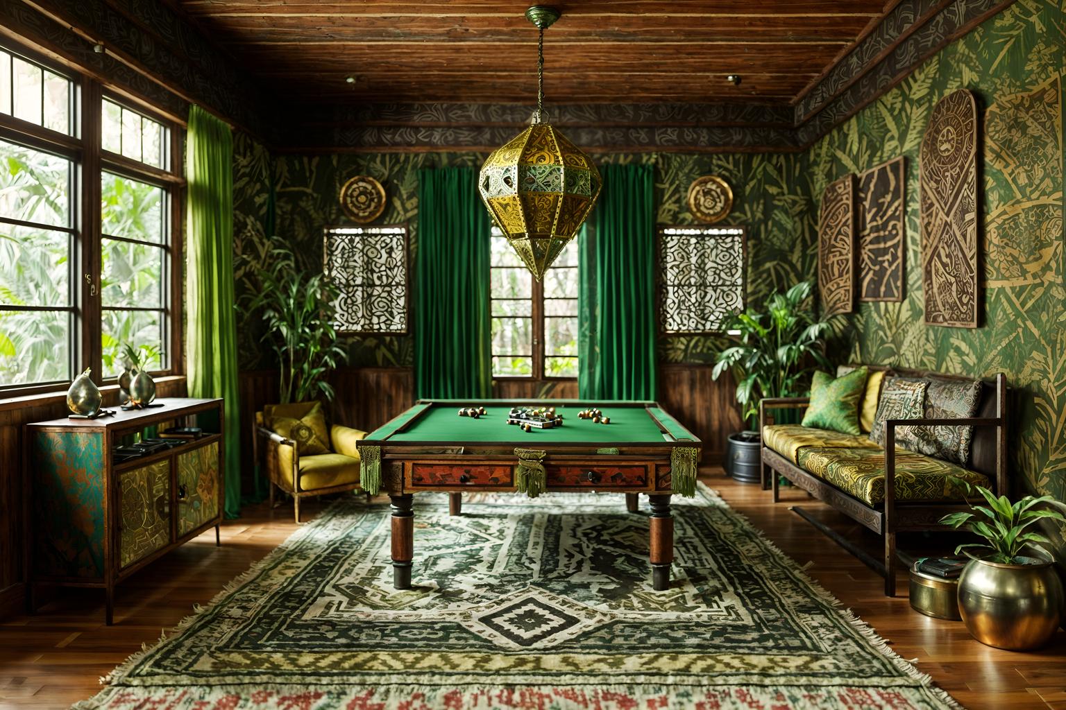 bohemian-style (gaming room interior) . with metals and woods and playful textures and bold patterns and animal hides and lush green nature and carefree layers of pattern, texture, and color and natural materials. . cinematic photo, highly detailed, cinematic lighting, ultra-detailed, ultrarealistic, photorealism, 8k. bohemian interior design style. masterpiece, cinematic light, ultrarealistic+, photorealistic+, 8k, raw photo, realistic, sharp focus on eyes, (symmetrical eyes), (intact eyes), hyperrealistic, highest quality, best quality, , highly detailed, masterpiece, best quality, extremely detailed 8k wallpaper, masterpiece, best quality, ultra-detailed, best shadow, detailed background, detailed face, detailed eyes, high contrast, best illumination, detailed face, dulux, caustic, dynamic angle, detailed glow. dramatic lighting. highly detailed, insanely detailed hair, symmetrical, intricate details, professionally retouched, 8k high definition. strong bokeh. award winning photo.
