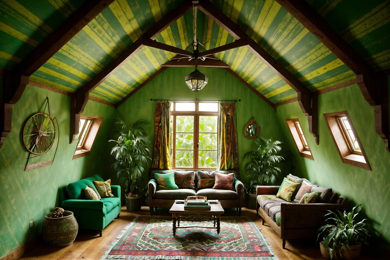 bohemian-style (attic interior) . with carefree layers of pattern, texture, and color and lush green nature and bold colors and a lack of structure and woods and playful colors and playful textures and playful patterns. . cinematic photo, highly detailed, cinematic lighting, ultra-detailed, ultrarealistic, photorealism, 8k. bohemian interior design style. masterpiece, cinematic light, ultrarealistic+, photorealistic+, 8k, raw photo, realistic, sharp focus on eyes, (symmetrical eyes), (intact eyes), hyperrealistic, highest quality, best quality, , highly detailed, masterpiece, best quality, extremely detailed 8k wallpaper, masterpiece, best quality, ultra-detailed, best shadow, detailed background, detailed face, detailed eyes, high contrast, best illumination, detailed face, dulux, caustic, dynamic angle, detailed glow. dramatic lighting. highly detailed, insanely detailed hair, symmetrical, intricate details, professionally retouched, 8k high definition. strong bokeh. award winning photo.