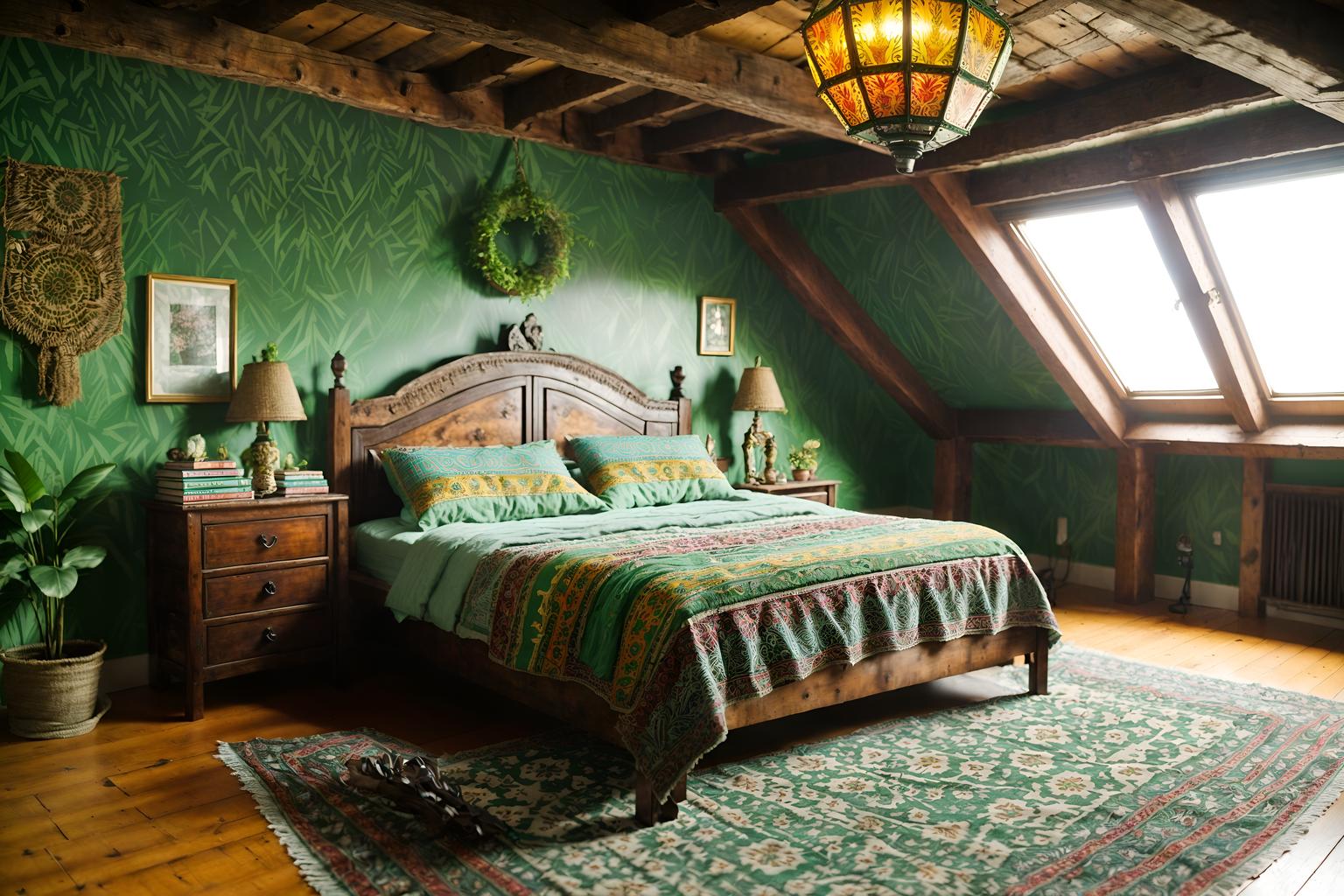 bohemian-style (attic interior) . with carefree layers of pattern, texture, and color and lush green nature and bold colors and a lack of structure and woods and playful colors and playful textures and playful patterns. . cinematic photo, highly detailed, cinematic lighting, ultra-detailed, ultrarealistic, photorealism, 8k. bohemian interior design style. masterpiece, cinematic light, ultrarealistic+, photorealistic+, 8k, raw photo, realistic, sharp focus on eyes, (symmetrical eyes), (intact eyes), hyperrealistic, highest quality, best quality, , highly detailed, masterpiece, best quality, extremely detailed 8k wallpaper, masterpiece, best quality, ultra-detailed, best shadow, detailed background, detailed face, detailed eyes, high contrast, best illumination, detailed face, dulux, caustic, dynamic angle, detailed glow. dramatic lighting. highly detailed, insanely detailed hair, symmetrical, intricate details, professionally retouched, 8k high definition. strong bokeh. award winning photo.