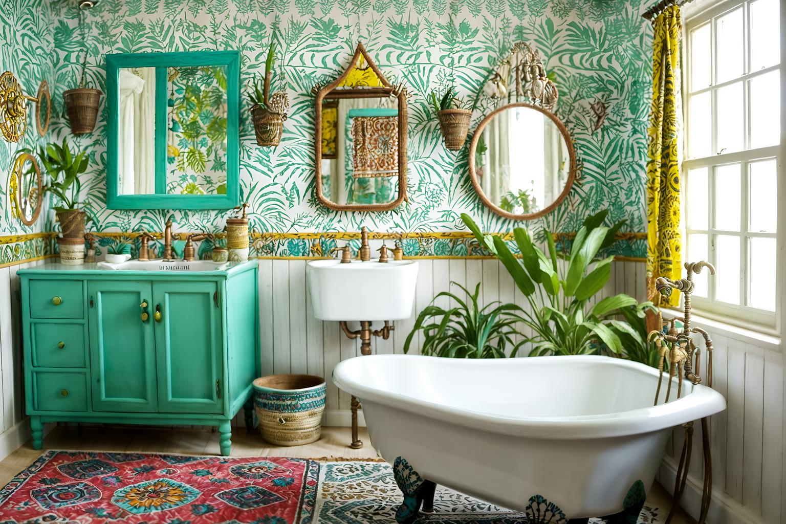 bohemian-style (bathroom interior) with bathtub and bathroom sink with faucet and bathroom cabinet and plant and waste basket and shower and toilet seat and bath rail. . with bold colors and mixed patterns and playful textures and carefree layers of pattern, texture, and color and travel trinkets and natural materials and animal hides and bold patterns. . cinematic photo, highly detailed, cinematic lighting, ultra-detailed, ultrarealistic, photorealism, 8k. bohemian interior design style. masterpiece, cinematic light, ultrarealistic+, photorealistic+, 8k, raw photo, realistic, sharp focus on eyes, (symmetrical eyes), (intact eyes), hyperrealistic, highest quality, best quality, , highly detailed, masterpiece, best quality, extremely detailed 8k wallpaper, masterpiece, best quality, ultra-detailed, best shadow, detailed background, detailed face, detailed eyes, high contrast, best illumination, detailed face, dulux, caustic, dynamic angle, detailed glow. dramatic lighting. highly detailed, insanely detailed hair, symmetrical, intricate details, professionally retouched, 8k high definition. strong bokeh. award winning photo.