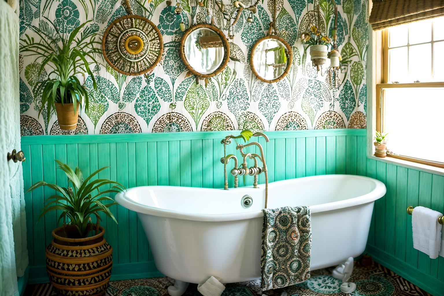 bohemian-style (bathroom interior) with bathtub and bathroom sink with faucet and bathroom cabinet and plant and waste basket and shower and toilet seat and bath rail. . with bold colors and mixed patterns and playful textures and carefree layers of pattern, texture, and color and travel trinkets and natural materials and animal hides and bold patterns. . cinematic photo, highly detailed, cinematic lighting, ultra-detailed, ultrarealistic, photorealism, 8k. bohemian interior design style. masterpiece, cinematic light, ultrarealistic+, photorealistic+, 8k, raw photo, realistic, sharp focus on eyes, (symmetrical eyes), (intact eyes), hyperrealistic, highest quality, best quality, , highly detailed, masterpiece, best quality, extremely detailed 8k wallpaper, masterpiece, best quality, ultra-detailed, best shadow, detailed background, detailed face, detailed eyes, high contrast, best illumination, detailed face, dulux, caustic, dynamic angle, detailed glow. dramatic lighting. highly detailed, insanely detailed hair, symmetrical, intricate details, professionally retouched, 8k high definition. strong bokeh. award winning photo.