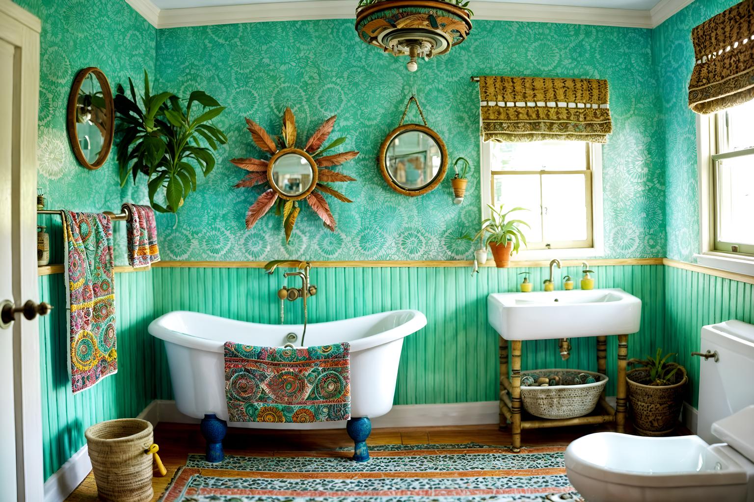 bohemian-style (bathroom interior) with bathtub and bathroom sink with faucet and bathroom cabinet and plant and waste basket and shower and toilet seat and bath rail. . with bold colors and mixed patterns and playful textures and carefree layers of pattern, texture, and color and travel trinkets and natural materials and animal hides and bold patterns. . cinematic photo, highly detailed, cinematic lighting, ultra-detailed, ultrarealistic, photorealism, 8k. bohemian interior design style. masterpiece, cinematic light, ultrarealistic+, photorealistic+, 8k, raw photo, realistic, sharp focus on eyes, (symmetrical eyes), (intact eyes), hyperrealistic, highest quality, best quality, , highly detailed, masterpiece, best quality, extremely detailed 8k wallpaper, masterpiece, best quality, ultra-detailed, best shadow, detailed background, detailed face, detailed eyes, high contrast, best illumination, detailed face, dulux, caustic, dynamic angle, detailed glow. dramatic lighting. highly detailed, insanely detailed hair, symmetrical, intricate details, professionally retouched, 8k high definition. strong bokeh. award winning photo.