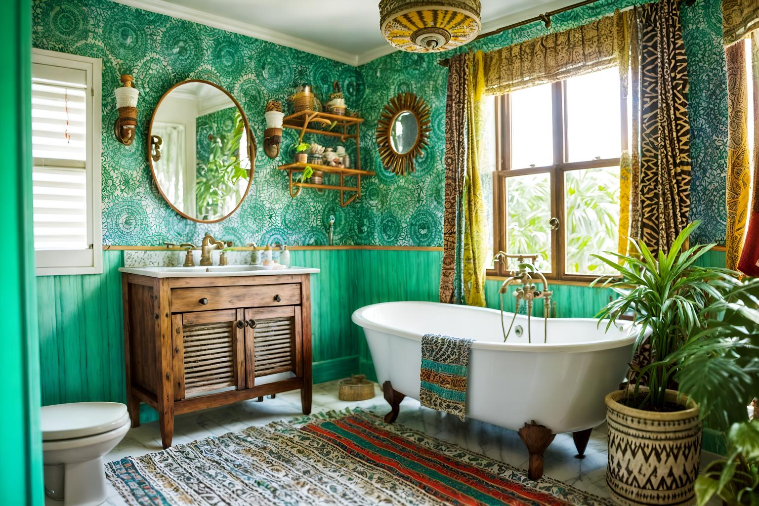 bohemian-style (bathroom interior) with bathtub and bathroom sink with faucet and bathroom cabinet and plant and waste basket and shower and toilet seat and bath rail. . with bold colors and mixed patterns and playful textures and carefree layers of pattern, texture, and color and travel trinkets and natural materials and animal hides and bold patterns. . cinematic photo, highly detailed, cinematic lighting, ultra-detailed, ultrarealistic, photorealism, 8k. bohemian interior design style. masterpiece, cinematic light, ultrarealistic+, photorealistic+, 8k, raw photo, realistic, sharp focus on eyes, (symmetrical eyes), (intact eyes), hyperrealistic, highest quality, best quality, , highly detailed, masterpiece, best quality, extremely detailed 8k wallpaper, masterpiece, best quality, ultra-detailed, best shadow, detailed background, detailed face, detailed eyes, high contrast, best illumination, detailed face, dulux, caustic, dynamic angle, detailed glow. dramatic lighting. highly detailed, insanely detailed hair, symmetrical, intricate details, professionally retouched, 8k high definition. strong bokeh. award winning photo.