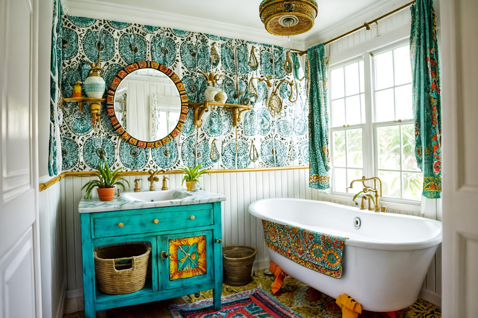 bohemian-style (bathroom interior) with bathtub and bathroom sink with faucet and bathroom cabinet and plant and waste basket and shower and toilet seat and bath rail. . with bold colors and mixed patterns and playful textures and carefree layers of pattern, texture, and color and travel trinkets and natural materials and animal hides and bold patterns. . cinematic photo, highly detailed, cinematic lighting, ultra-detailed, ultrarealistic, photorealism, 8k. bohemian interior design style. masterpiece, cinematic light, ultrarealistic+, photorealistic+, 8k, raw photo, realistic, sharp focus on eyes, (symmetrical eyes), (intact eyes), hyperrealistic, highest quality, best quality, , highly detailed, masterpiece, best quality, extremely detailed 8k wallpaper, masterpiece, best quality, ultra-detailed, best shadow, detailed background, detailed face, detailed eyes, high contrast, best illumination, detailed face, dulux, caustic, dynamic angle, detailed glow. dramatic lighting. highly detailed, insanely detailed hair, symmetrical, intricate details, professionally retouched, 8k high definition. strong bokeh. award winning photo.