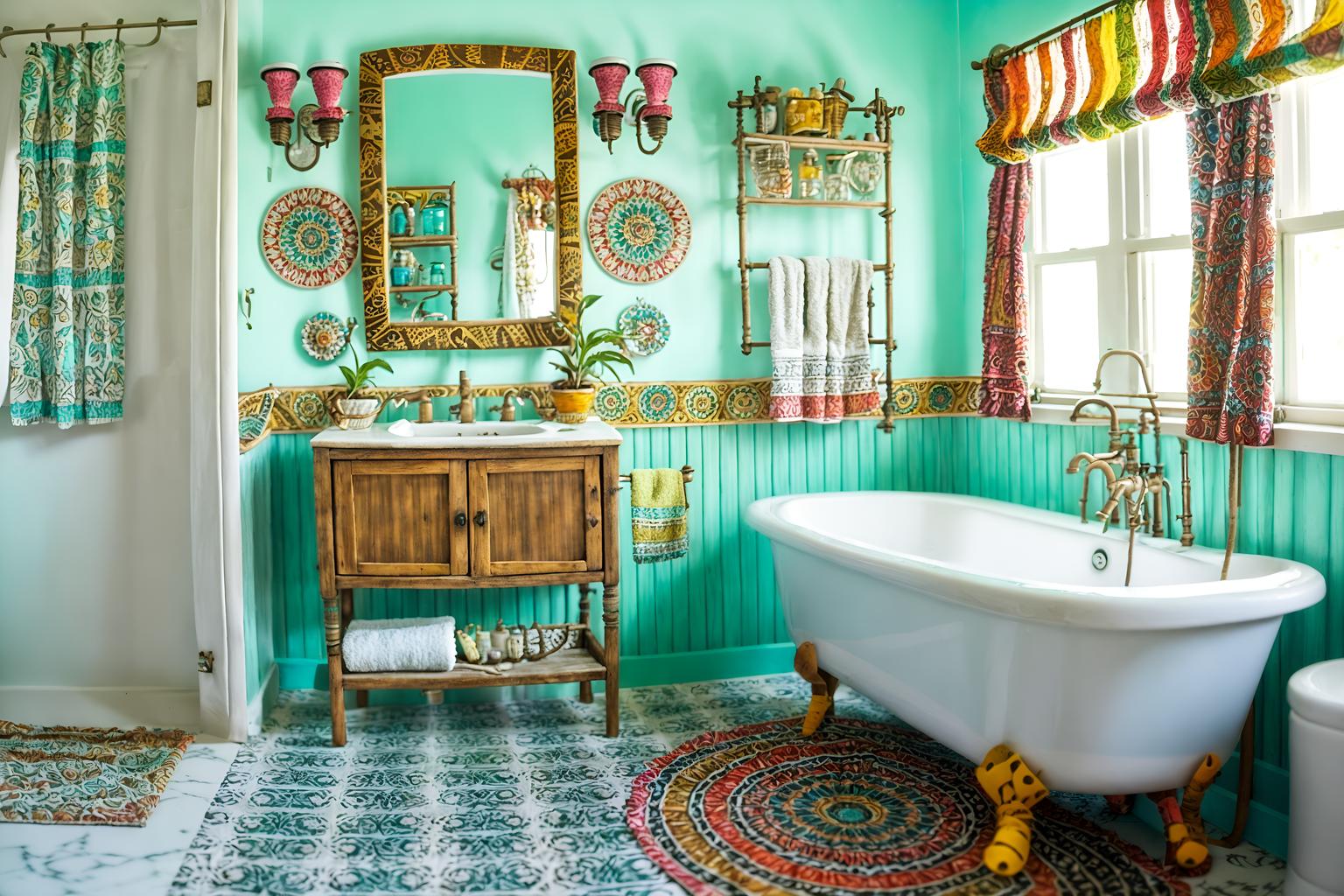 bohemian-style (bathroom interior) with bathtub and bathroom sink with faucet and bathroom cabinet and plant and waste basket and shower and toilet seat and bath rail. . with bold colors and mixed patterns and playful textures and carefree layers of pattern, texture, and color and travel trinkets and natural materials and animal hides and bold patterns. . cinematic photo, highly detailed, cinematic lighting, ultra-detailed, ultrarealistic, photorealism, 8k. bohemian interior design style. masterpiece, cinematic light, ultrarealistic+, photorealistic+, 8k, raw photo, realistic, sharp focus on eyes, (symmetrical eyes), (intact eyes), hyperrealistic, highest quality, best quality, , highly detailed, masterpiece, best quality, extremely detailed 8k wallpaper, masterpiece, best quality, ultra-detailed, best shadow, detailed background, detailed face, detailed eyes, high contrast, best illumination, detailed face, dulux, caustic, dynamic angle, detailed glow. dramatic lighting. highly detailed, insanely detailed hair, symmetrical, intricate details, professionally retouched, 8k high definition. strong bokeh. award winning photo.