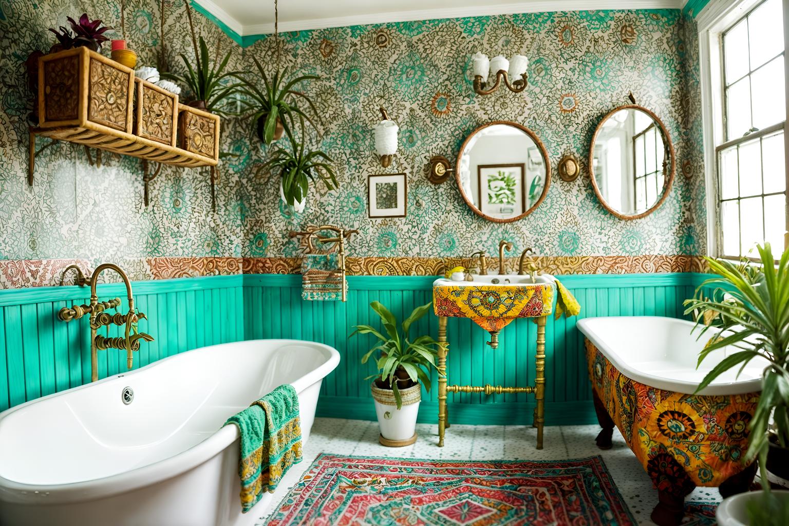 bohemian-style (bathroom interior) with bathtub and bathroom sink with faucet and bathroom cabinet and plant and waste basket and shower and toilet seat and bath rail. . with bold colors and mixed patterns and playful textures and carefree layers of pattern, texture, and color and travel trinkets and natural materials and animal hides and bold patterns. . cinematic photo, highly detailed, cinematic lighting, ultra-detailed, ultrarealistic, photorealism, 8k. bohemian interior design style. masterpiece, cinematic light, ultrarealistic+, photorealistic+, 8k, raw photo, realistic, sharp focus on eyes, (symmetrical eyes), (intact eyes), hyperrealistic, highest quality, best quality, , highly detailed, masterpiece, best quality, extremely detailed 8k wallpaper, masterpiece, best quality, ultra-detailed, best shadow, detailed background, detailed face, detailed eyes, high contrast, best illumination, detailed face, dulux, caustic, dynamic angle, detailed glow. dramatic lighting. highly detailed, insanely detailed hair, symmetrical, intricate details, professionally retouched, 8k high definition. strong bokeh. award winning photo.