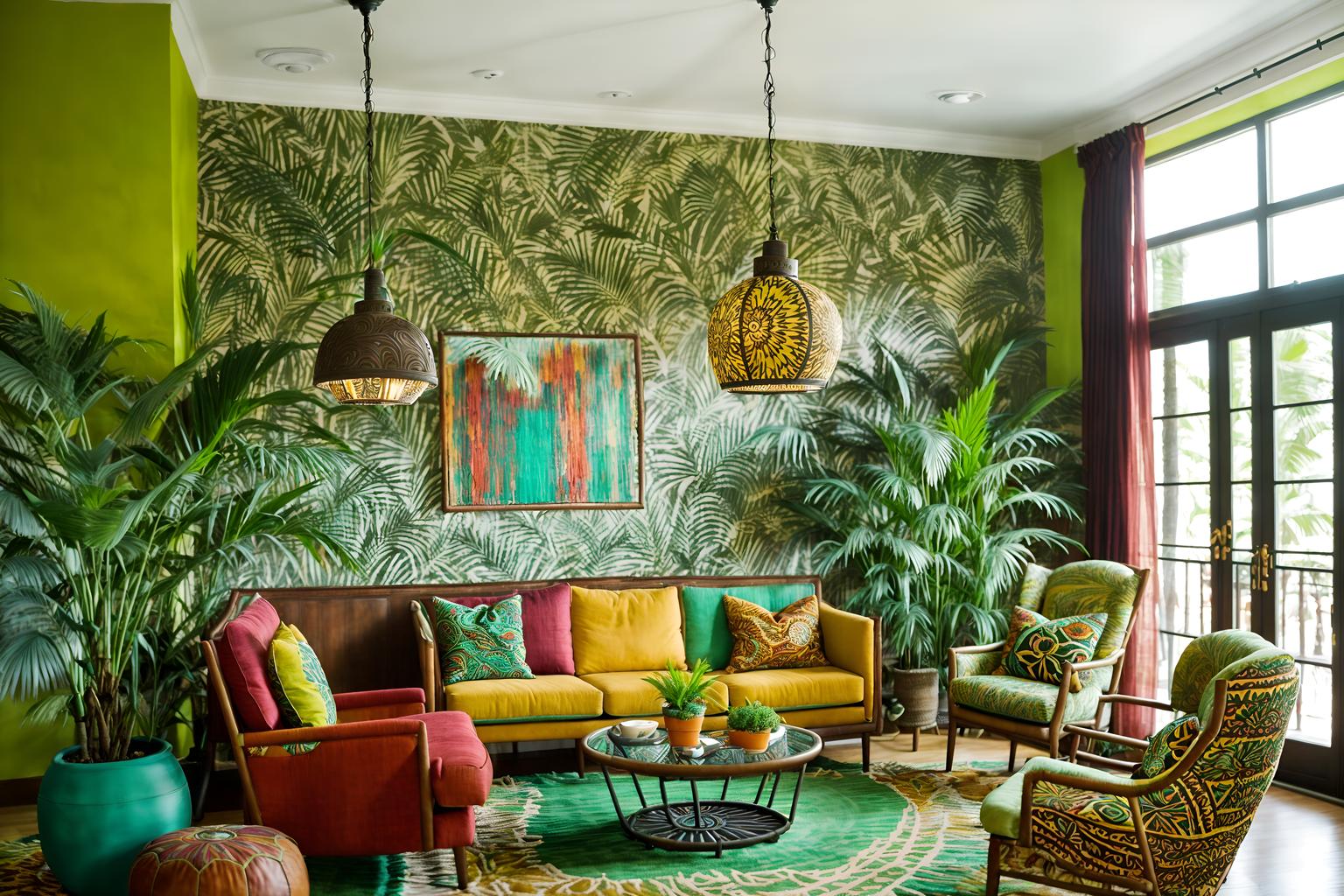 bohemian-style (hotel lobby interior) with lounge chairs and coffee tables and check in desk and hanging lamps and plant and sofas and rug and furniture. . with lush green nature and bold colors and carefree layers of pattern, texture, and color and animal hides and playful colors and playful patterns and a lack of structure and natural materials. . cinematic photo, highly detailed, cinematic lighting, ultra-detailed, ultrarealistic, photorealism, 8k. bohemian interior design style. masterpiece, cinematic light, ultrarealistic+, photorealistic+, 8k, raw photo, realistic, sharp focus on eyes, (symmetrical eyes), (intact eyes), hyperrealistic, highest quality, best quality, , highly detailed, masterpiece, best quality, extremely detailed 8k wallpaper, masterpiece, best quality, ultra-detailed, best shadow, detailed background, detailed face, detailed eyes, high contrast, best illumination, detailed face, dulux, caustic, dynamic angle, detailed glow. dramatic lighting. highly detailed, insanely detailed hair, symmetrical, intricate details, professionally retouched, 8k high definition. strong bokeh. award winning photo.