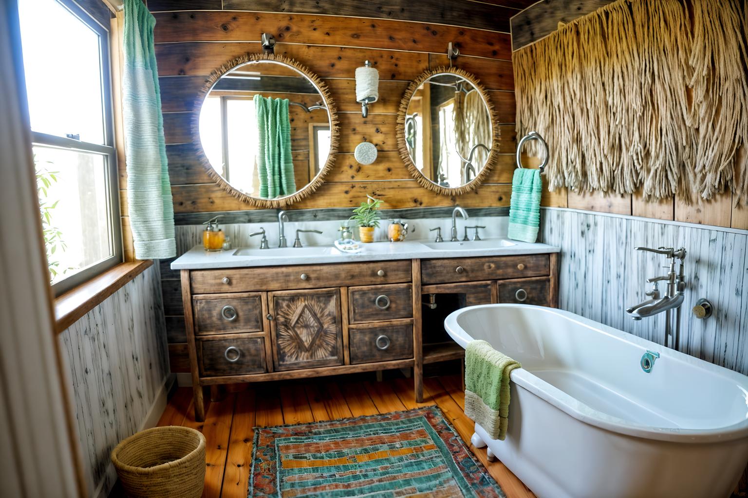 bohemian-style (hotel bathroom interior) with bathroom cabinet and shower and bath towel and bathroom sink with faucet and bath rail and waste basket and toilet seat and plant. . with playful textures and natural materials and a lack of structure and animal hides and woods and carefree layers of pattern, texture, and color and playful patterns and playful colors. . cinematic photo, highly detailed, cinematic lighting, ultra-detailed, ultrarealistic, photorealism, 8k. bohemian interior design style. masterpiece, cinematic light, ultrarealistic+, photorealistic+, 8k, raw photo, realistic, sharp focus on eyes, (symmetrical eyes), (intact eyes), hyperrealistic, highest quality, best quality, , highly detailed, masterpiece, best quality, extremely detailed 8k wallpaper, masterpiece, best quality, ultra-detailed, best shadow, detailed background, detailed face, detailed eyes, high contrast, best illumination, detailed face, dulux, caustic, dynamic angle, detailed glow. dramatic lighting. highly detailed, insanely detailed hair, symmetrical, intricate details, professionally retouched, 8k high definition. strong bokeh. award winning photo.