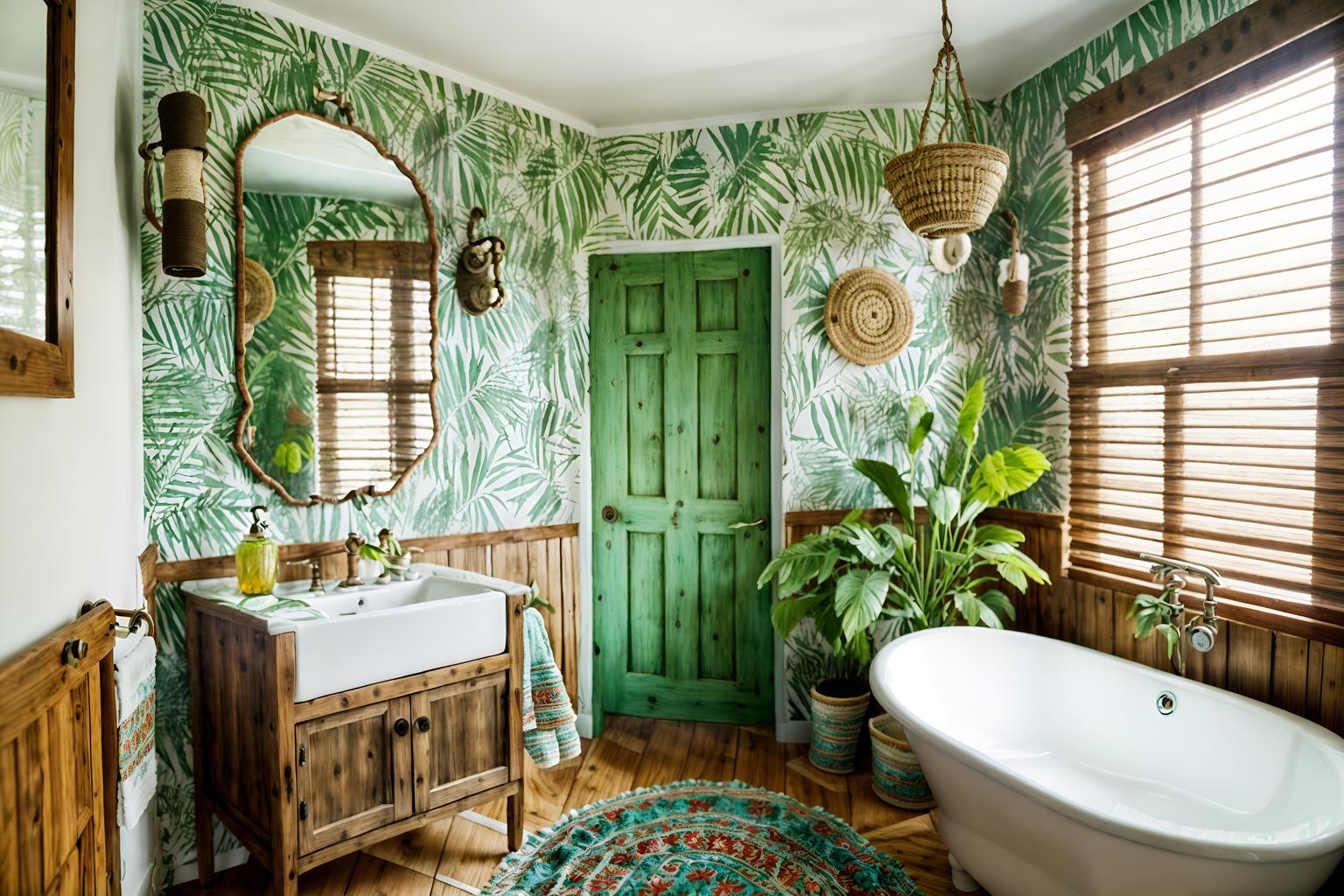 bohemian-style (hotel bathroom interior) with bathroom cabinet and shower and bath towel and bathroom sink with faucet and bath rail and waste basket and toilet seat and plant. . with playful textures and natural materials and a lack of structure and animal hides and woods and carefree layers of pattern, texture, and color and playful patterns and playful colors. . cinematic photo, highly detailed, cinematic lighting, ultra-detailed, ultrarealistic, photorealism, 8k. bohemian interior design style. masterpiece, cinematic light, ultrarealistic+, photorealistic+, 8k, raw photo, realistic, sharp focus on eyes, (symmetrical eyes), (intact eyes), hyperrealistic, highest quality, best quality, , highly detailed, masterpiece, best quality, extremely detailed 8k wallpaper, masterpiece, best quality, ultra-detailed, best shadow, detailed background, detailed face, detailed eyes, high contrast, best illumination, detailed face, dulux, caustic, dynamic angle, detailed glow. dramatic lighting. highly detailed, insanely detailed hair, symmetrical, intricate details, professionally retouched, 8k high definition. strong bokeh. award winning photo.